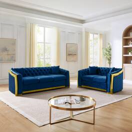 Anysun - Mid-Century Modern 2-Piece Velvet Sofa Set - Chesterfield 3-Seater & Loveseat,Stainless Steel Trim, 4 Pillows - Blue