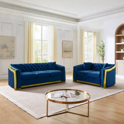 Front. Anysun - Mid-Century Modern 2-Piece Velvet Sofa Set - Chesterfield 3-Seater & Loveseat,Stainless Steel Trim, 4 Pillows - Blue.