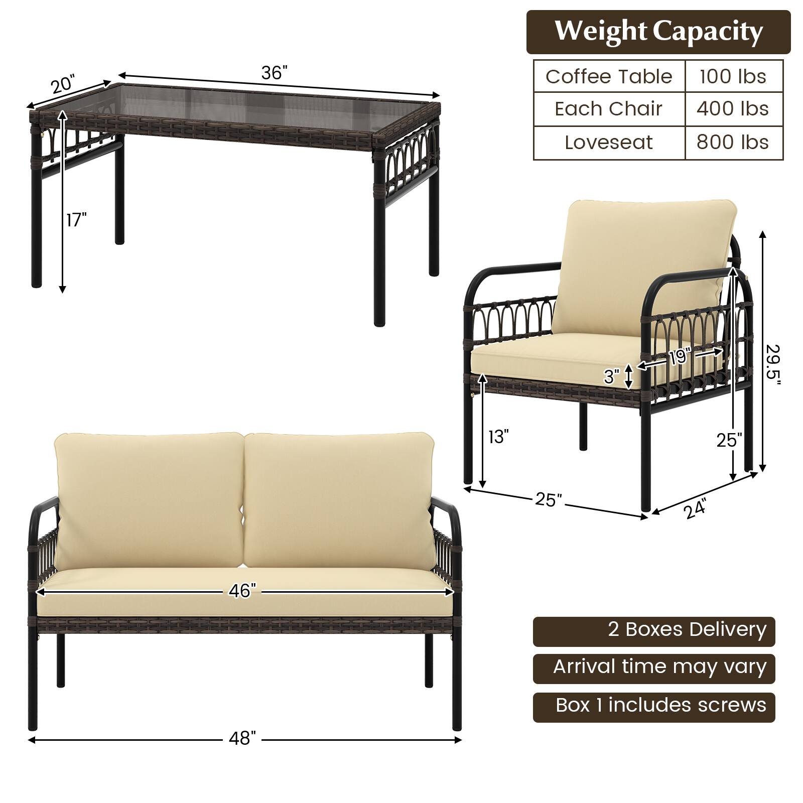 - Coffee Table: 20" x 36" x 17"
- Loveseat: 48" x 46" x 25" x 25" x 24"
- Each Chair: 29.5" x 13" x 19" x 3" x 25"

Weight Capacity:
- Coffee Table: 100 lbs
- Each Chair: 400 lbs
- Loveseat: 800 lbs

2 Boxes Delivery
Arrival time may vary
Box 1 includes screws