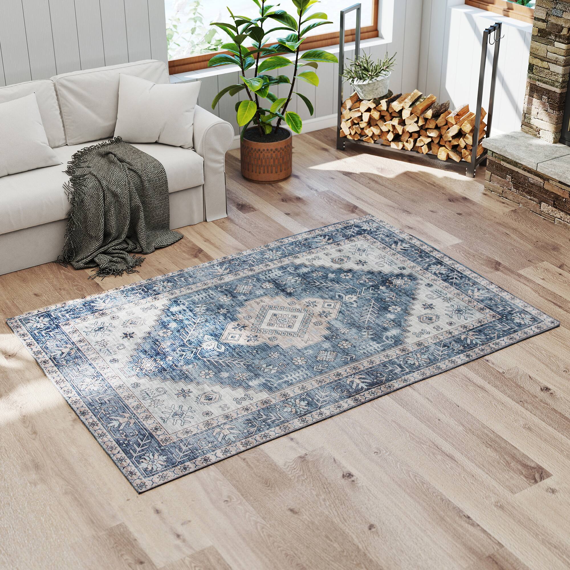 Alt View 9. Homcom - HOMCOM 4x6 Vintage Rug: Mach-Wash Non-Slip Indoor Boho Blue Distressed Carpet, Living Room - Blue.