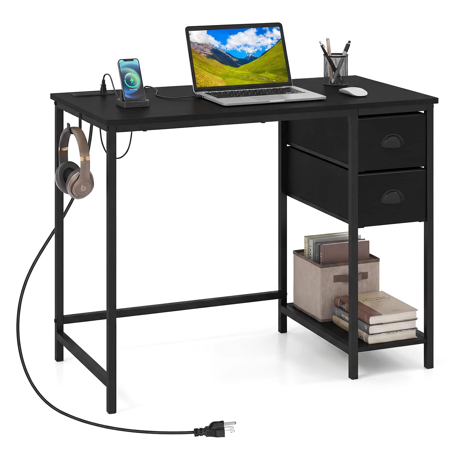 Front. Costway - Costway Computer Desk with Charging Station, 2 Fabric Drawers, Storage Shelf Headphone Hook - Black.