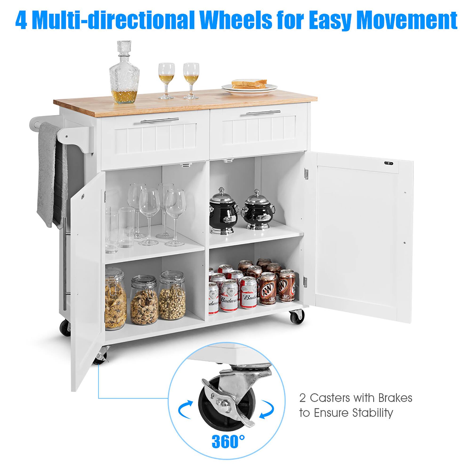 4 Multi-directional Wheels for Easy Movement  
2 Casters with Brakes to Ensure Stability  
360°