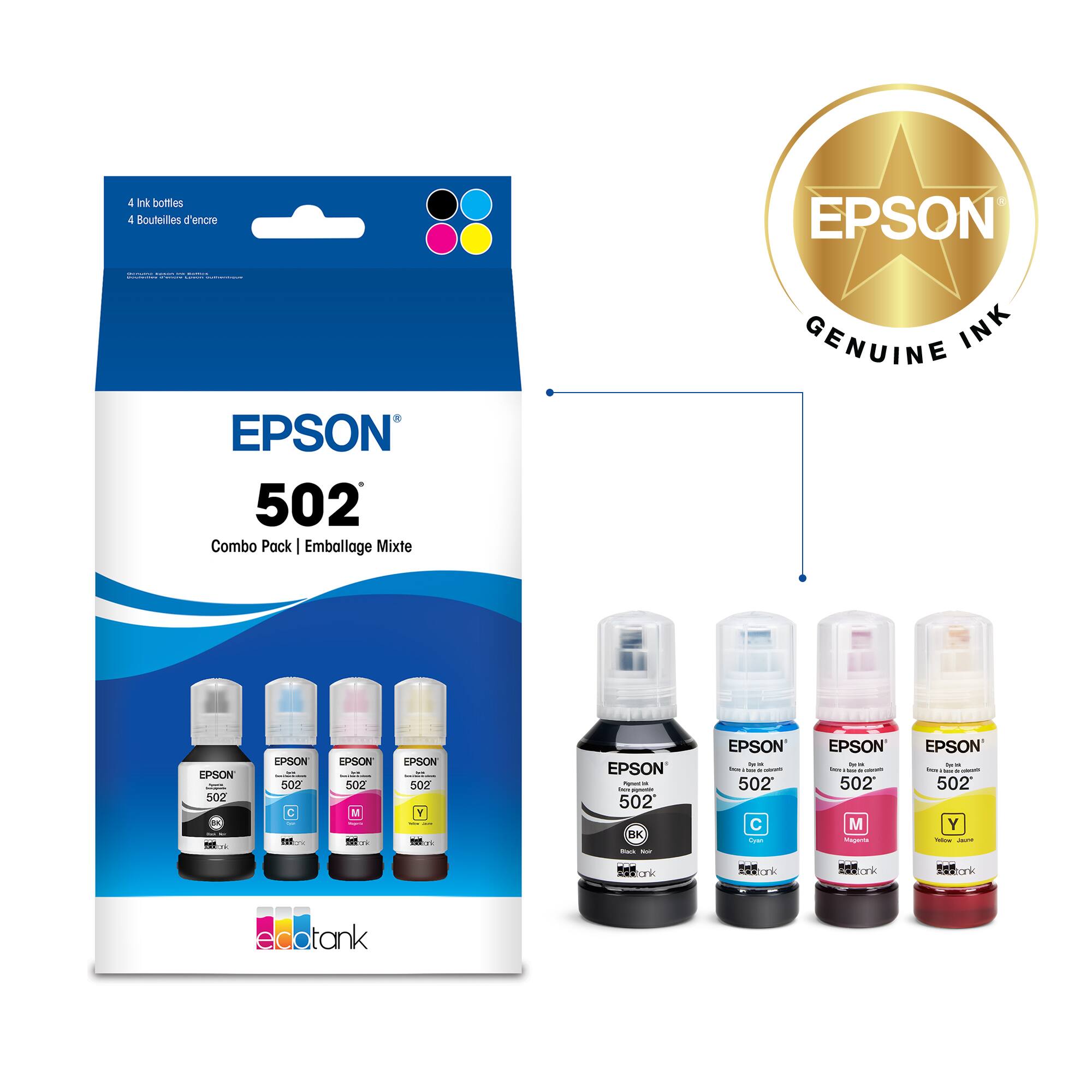 Ink bottles 4 Bouteilles d'encre EPSON | EPSON 502 Combo Pack | Emballage Mixte GENUINE INK FRSON 1 S0C - - : EPSON 502 BK - - EPSON 502 C - EPSON 502 M - EPSON 502 Y - - RAF eldatank