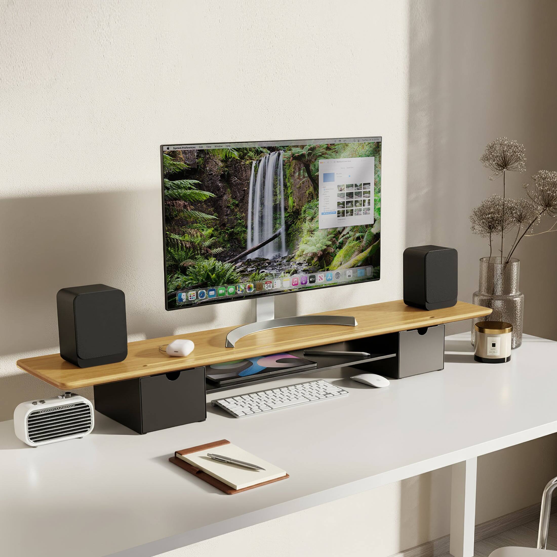 Angle. Mount-It! - Extra Wide Monitor Riser with Drawers and Shelf, Desktop Stand for Monitors, Laptops, and TVs - Bamboo.