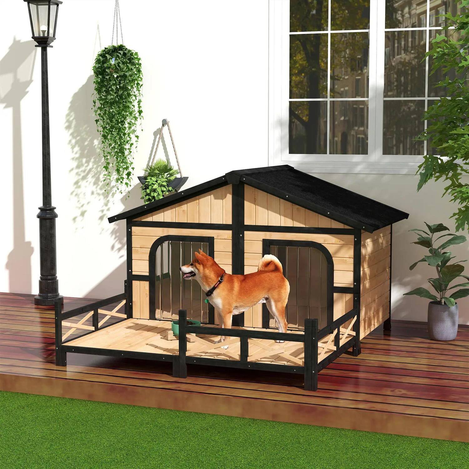 Alt View 2. Pefilos - 59" Outdoor Dog House with Porch, Double Room, Openable Roof, Removable Bottom, Wooden Dog House with Elevated Floor.