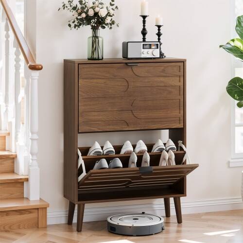 Left. LUCKY ONE - 23.62in Freestanding Walnut Shoe Cabinet with 2 Flip Drawers Fence Design for Entryway Corridor - Walnut.