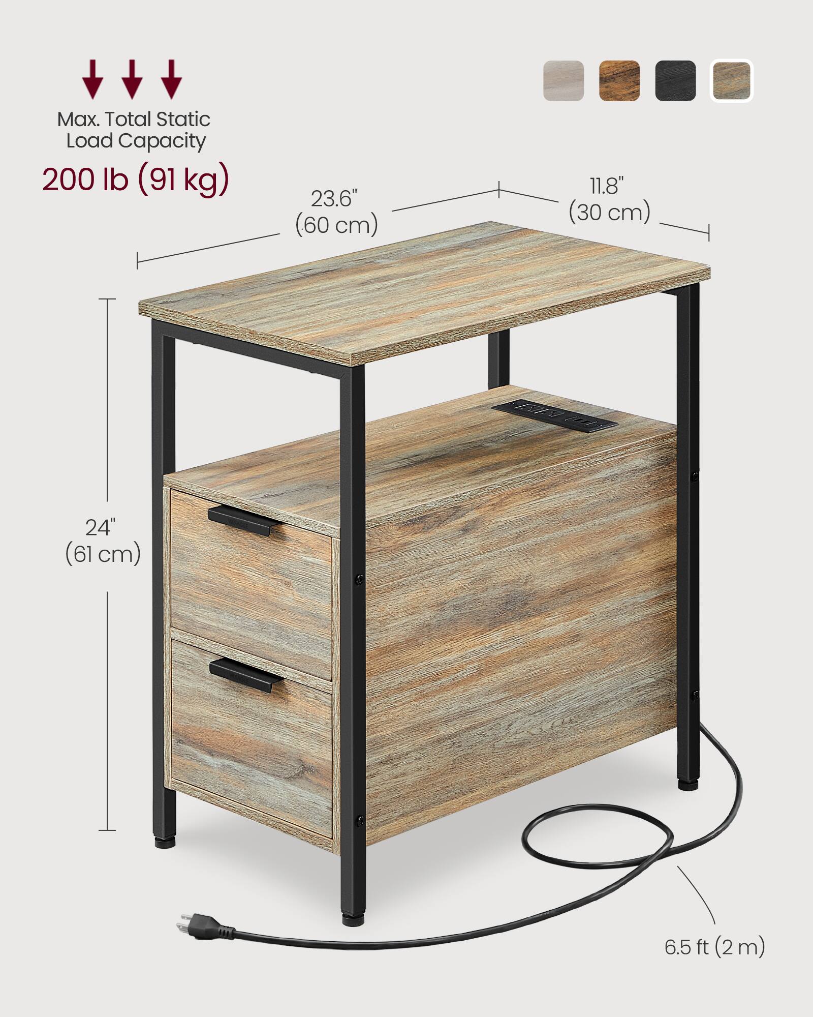 Max. Total Static Load Capacity: 200 lb (91 kg)

- Width: 23.6" (60 cm)
- Depth: 11.8" (30 cm)
- Height: 24" (61 cm)
- Cord Length: 6.5 ft (2 m)