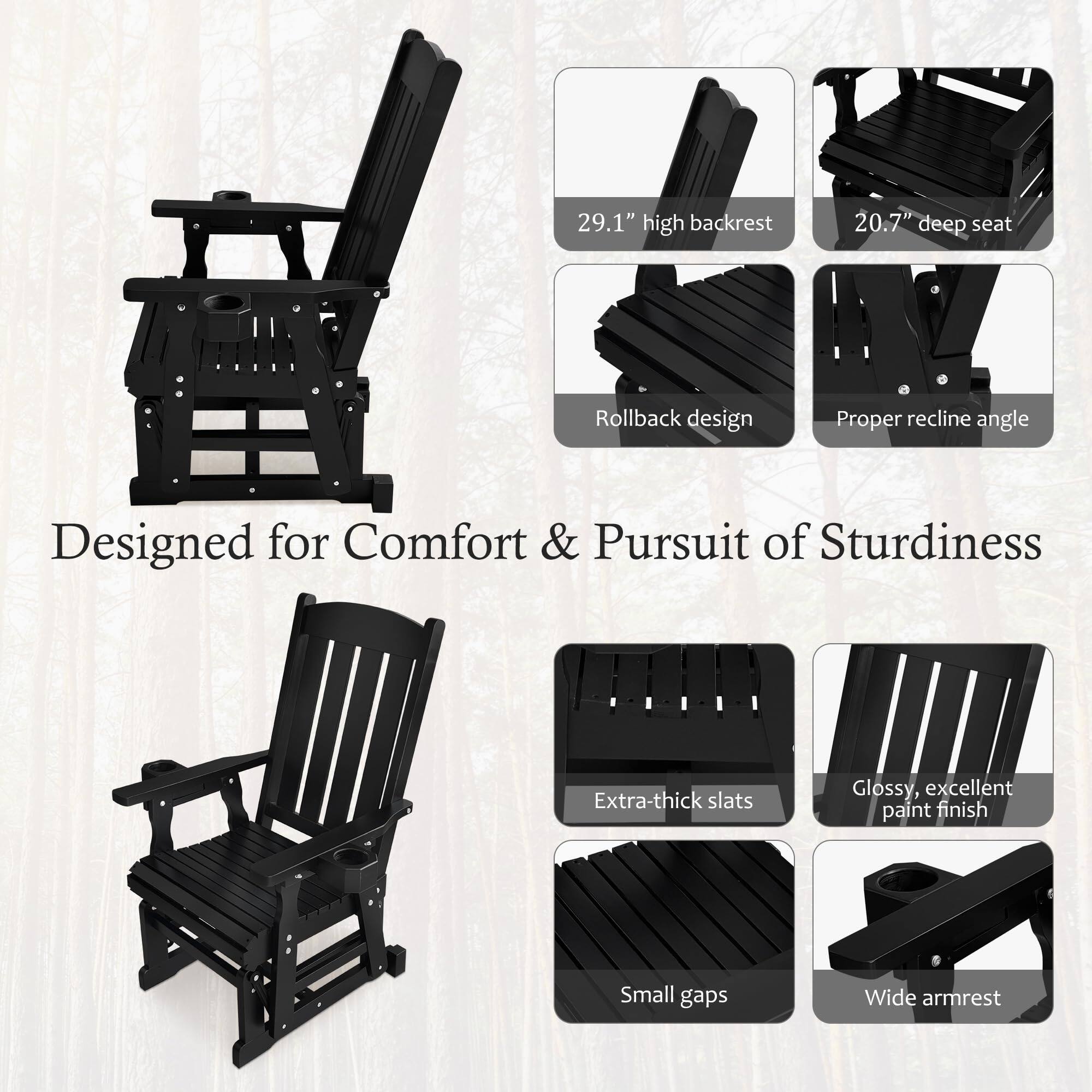 Designed for Comfort & Pursuit of Sturdiness

- 29.1" high backrest
- 20.7" deep seat
- Rollback design
- Proper recline angle
- Extra-thick slats
- Glossy, excellent paint finish
- Small gaps
- Wide armrest