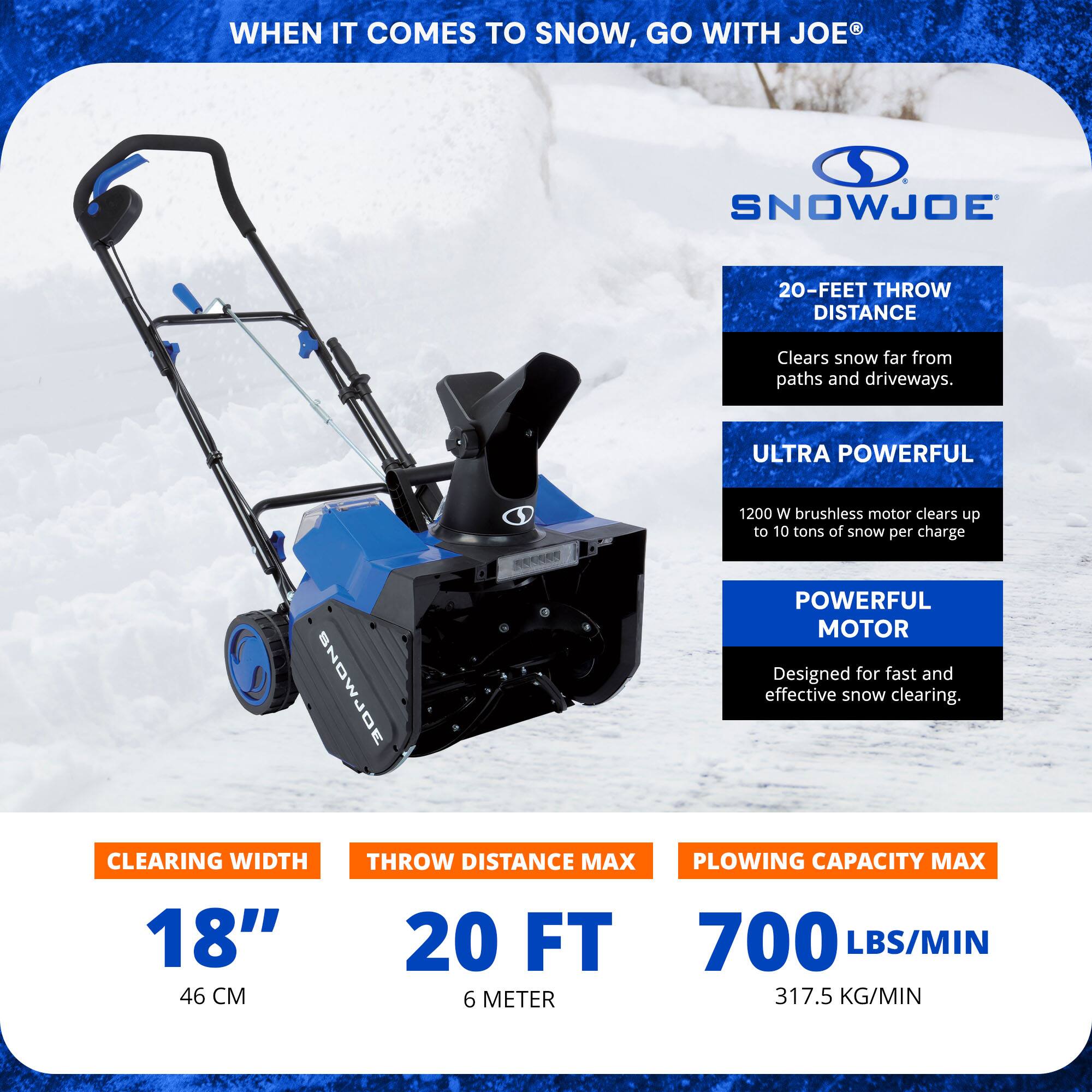 **WHEN IT COMES TO SNOW, GO WITH JOE®**

**SNOWJOE**

- **20-FOOT THROW DISTANCE**
  - Clears snow far from paths and driveways.

- **ULTRA POWERFUL**
  - 1200 W brushless motor clears up to 10 tons of snow per charge

- **POWERFUL MOTOR**
  - Designed for fast and effective snow clearing.

**CLEARING WIDTH**
- 18" (46 CM)

**THROW DISTANCE MAX**
- 20 FT (6 METER)

**PLOWING CAPACITY MAX**
- 700 LBS/MIN (317.5 KG/MIN)