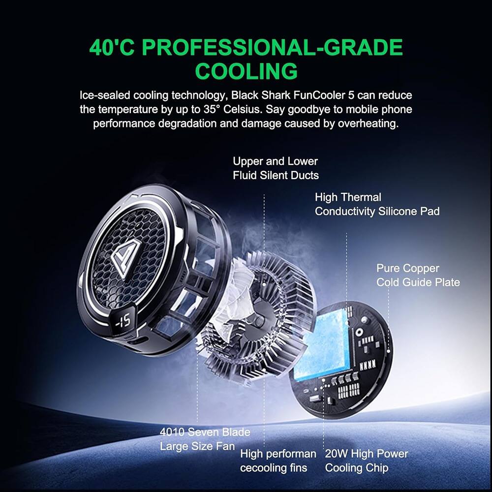 40°C PROFESSIONAL-GRADE COOLING

Ice-sealed cooling technology, Black Shark FunCooler 5 can reduce the temperature by up to 35°C Celsius. Say goodbye to mobile phone performance degradation and damage caused by overheating.

- Upper and Lower Fluid Silent Ducts
- High Thermal Conductivity Silicone Pad
- Pure Copper Cold Guide Plate
- 4010 Seven Blade Large Size Fan
- High performance cooling fins
- 20W High Power Cooling Chip