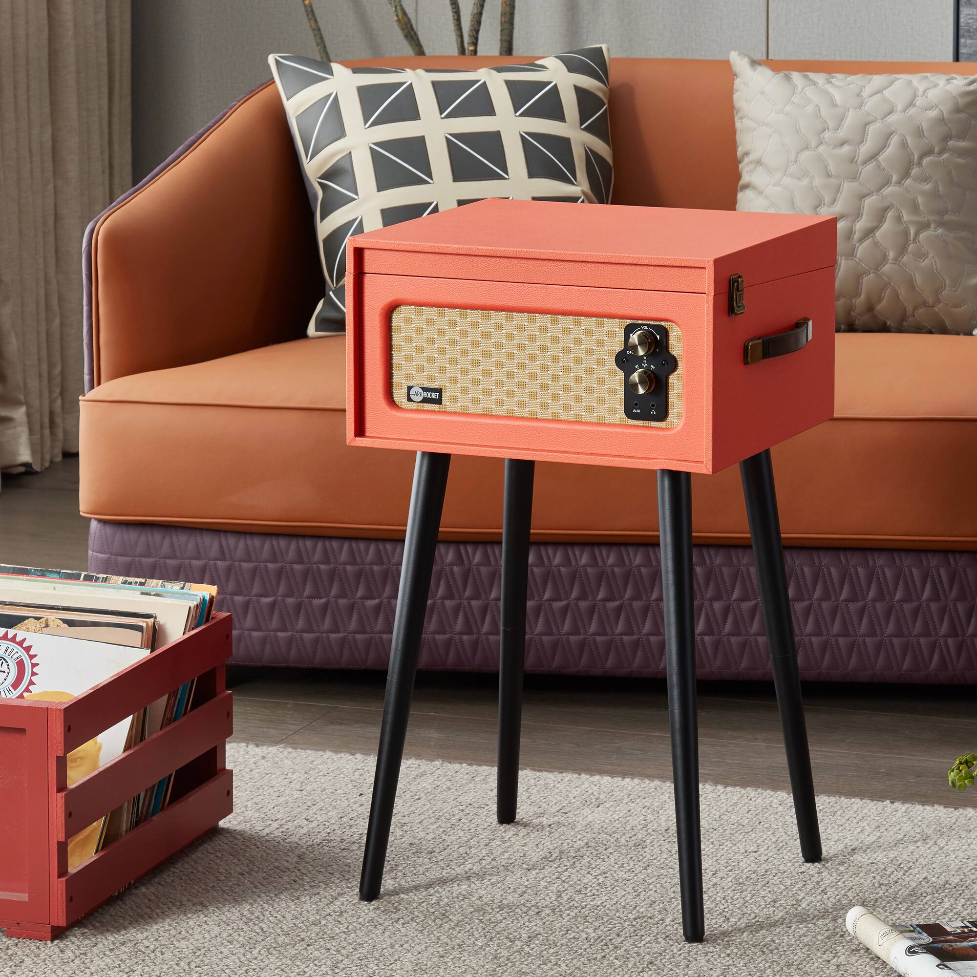 Alt View 4. Arkrocket - Arkrocket Discovery II 3-Speed Bluetooth Turntable with Speakers & Removable Legs –  Orange - Orange.