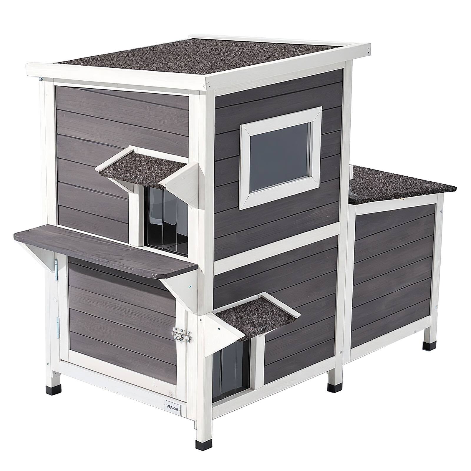 Alt View 5. VEVOR - Outdoor Cat House, 2-Story Wooden Cat Shelter for 3 Outside Cats in Winter, Elevated Feral Kitty Shelter with Stairs.