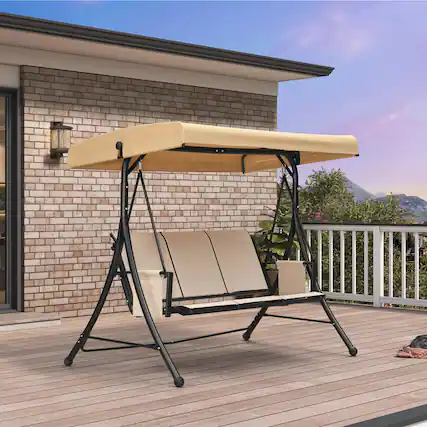 Front. PURPLE LEAF - 2/3-person Deluxe Outdoor Patio Porch Swing with Weather Resistant Steel Frame, Adjustable Tilt Canopy - Cream-3 Seat.