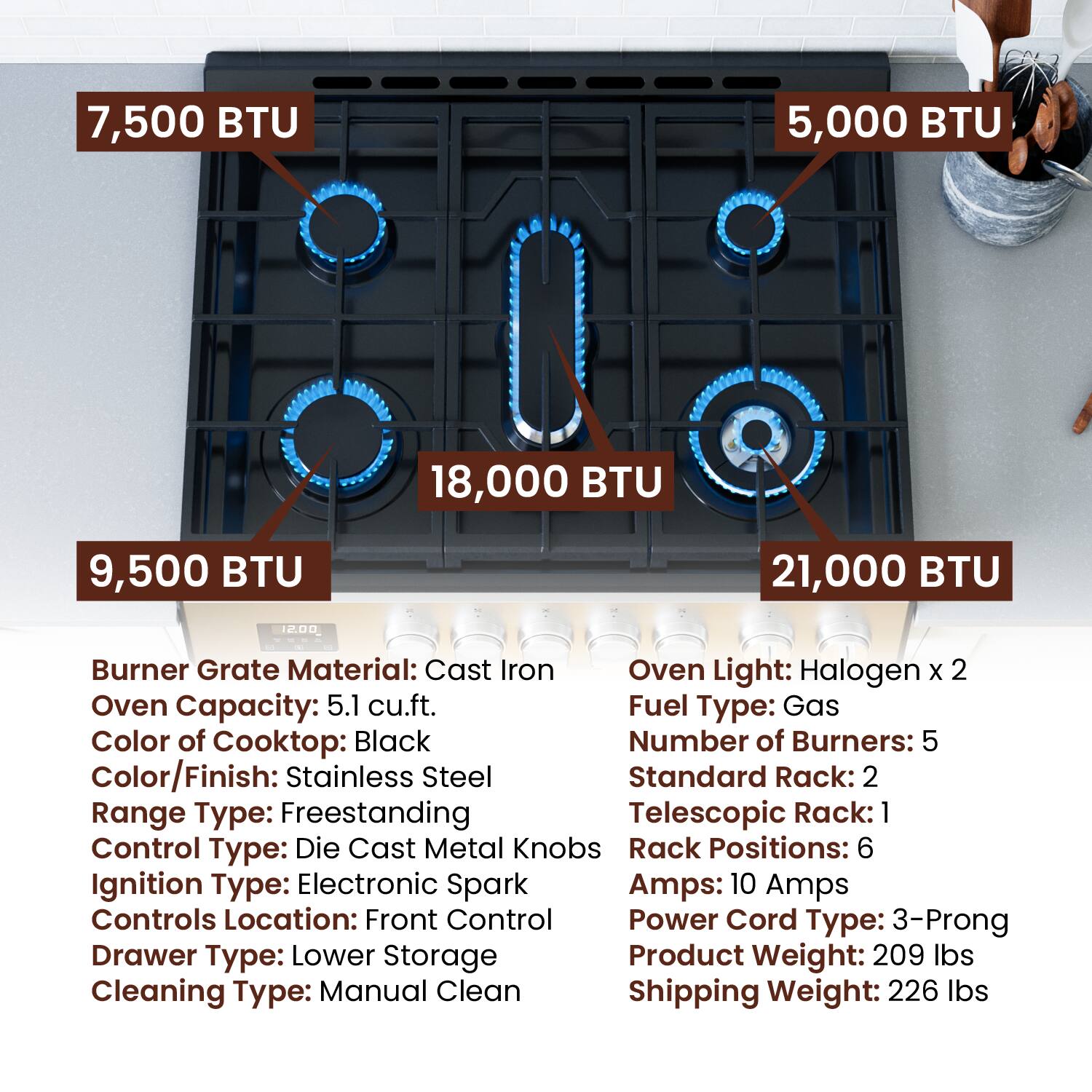 7,500 BTU
5,000 BTU
18,000 BTU
9,500 BTU
21,000 BTU
Burner Grate Material: Cast Iron
Oven Light: Halogen x 2
Oven Capacity: 5.1 cu.ft.
Fuel Type: Gas
Color of Cooktop: Black
Number of Burners: 5
Color/Finish: Stainless Steel
Standard Rack: 2
Range Type: Freestanding
Telescopic Rack: 1
Control Type: Die Cast Metal Knobs
Rack Positions: 6
Ignition Type: Electronic Spark
Amps: 10 Amps
Controls Location: Front Control
Power Cord Type: 3-Prong
Drawer Type: Lower Storage
Product Weight: 209 lbs
Cleaning Type: Manual Clean
Shipping Weight: 226 lbs
