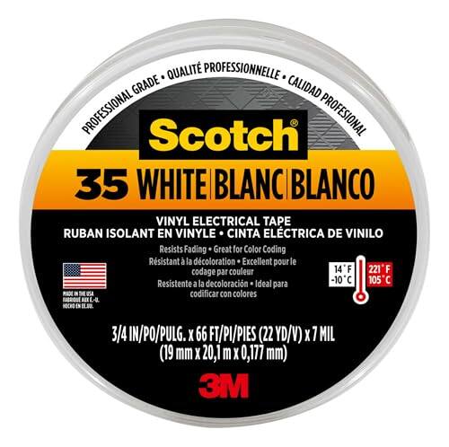QUALITÉ PROFESSIONNELLE GRADE CALIDAD PROFESSIONAL Scotch PROFESIONAL 35 WHITE BLANC BLANCO VINYL ELECTRICAL TAPE RUBAN ISOLANT EN VINYLE CINTA ELÉCTRICA DE VINILO Resists Fading Great for Color Coding Rsistant la décoloration Excellent pour le codage par couleur 14F 221F F Resistente a la decoloración Ideal -10C 105C para codificar con colores L-U MOCHO EN  3/4 IN/PO/PULG. X 66 FT/PI/PIES 22YD/V) X 1 MIL (19 mm X 20,1 m X 0,177 mm) 3M