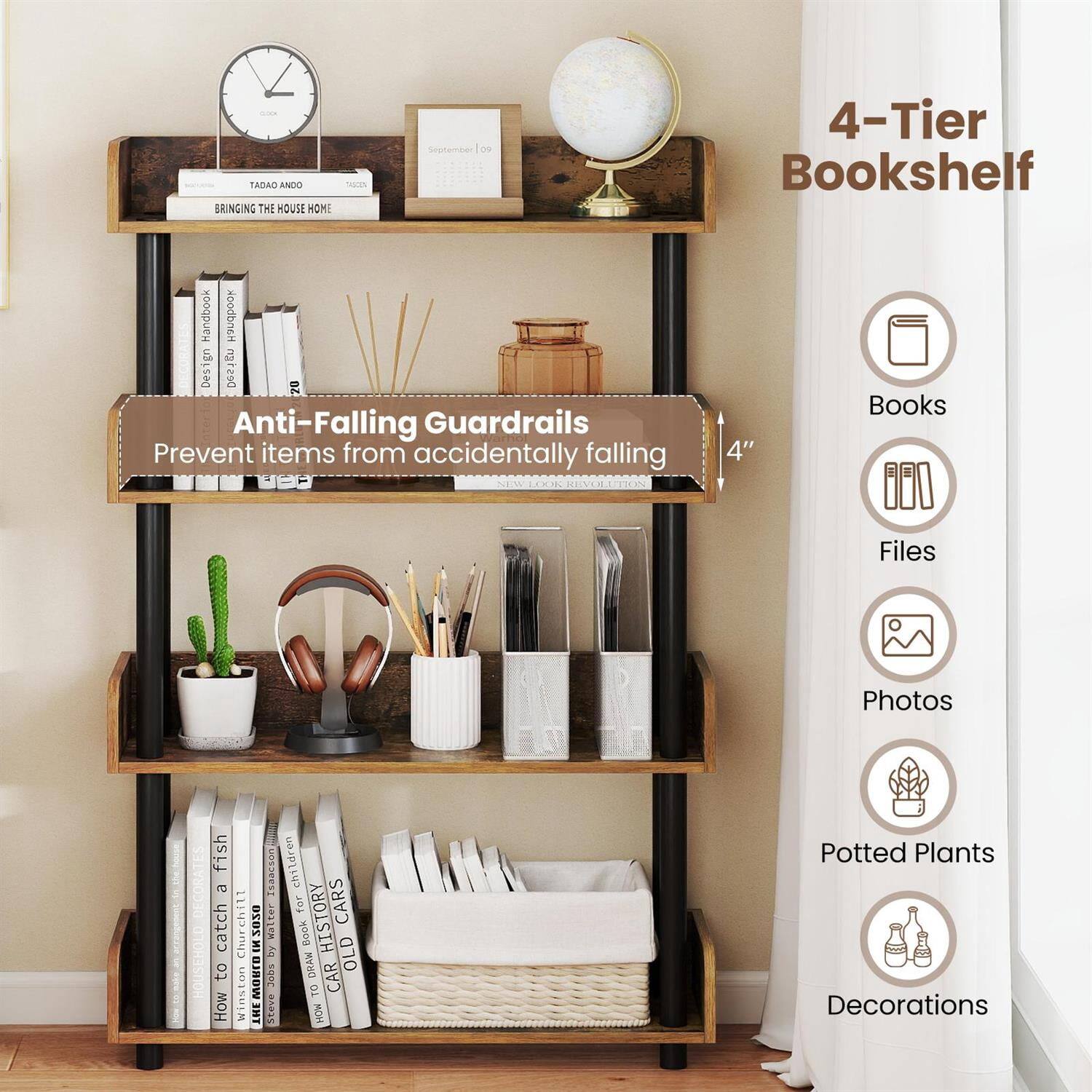 Tadao Ando  
Bringing the House Home  

4-Tier Bookshelf  

Anti-Falling Guardrails  
Prevent items from accidentally falling  

Books  
Files  
Photos  
Potted Plants  
Decorations  

September 09  

Design Handbook  
Design Handbook  
Design Handbook  

How to Draw a Fish  
How to Draw a Car  
Old Cars  
Children's Book  

4"