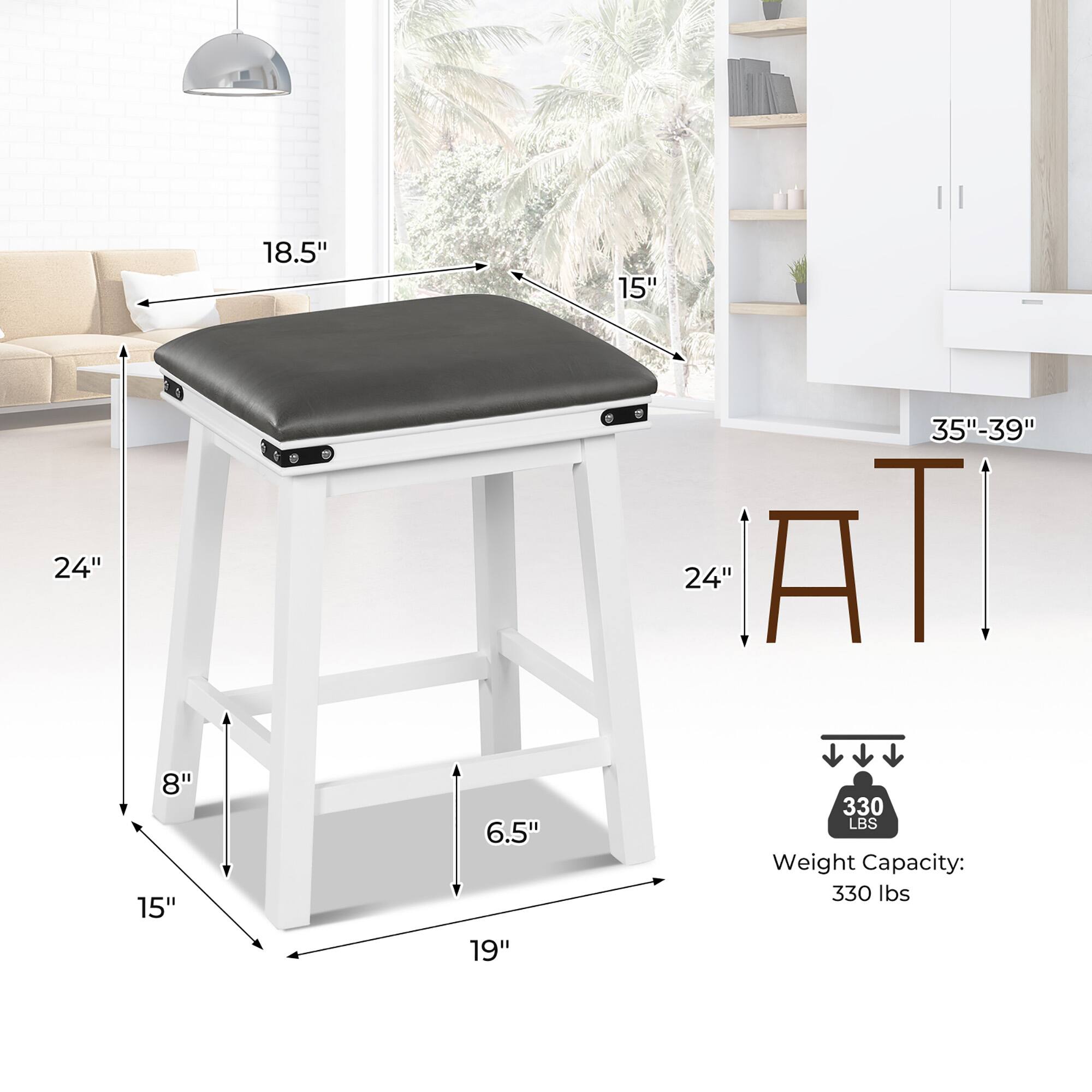 18.5", 15", 24", 35"-39", 24", 8", 15", 6.5", 19", 330 LBS Weight Capacity: 330 Ibs