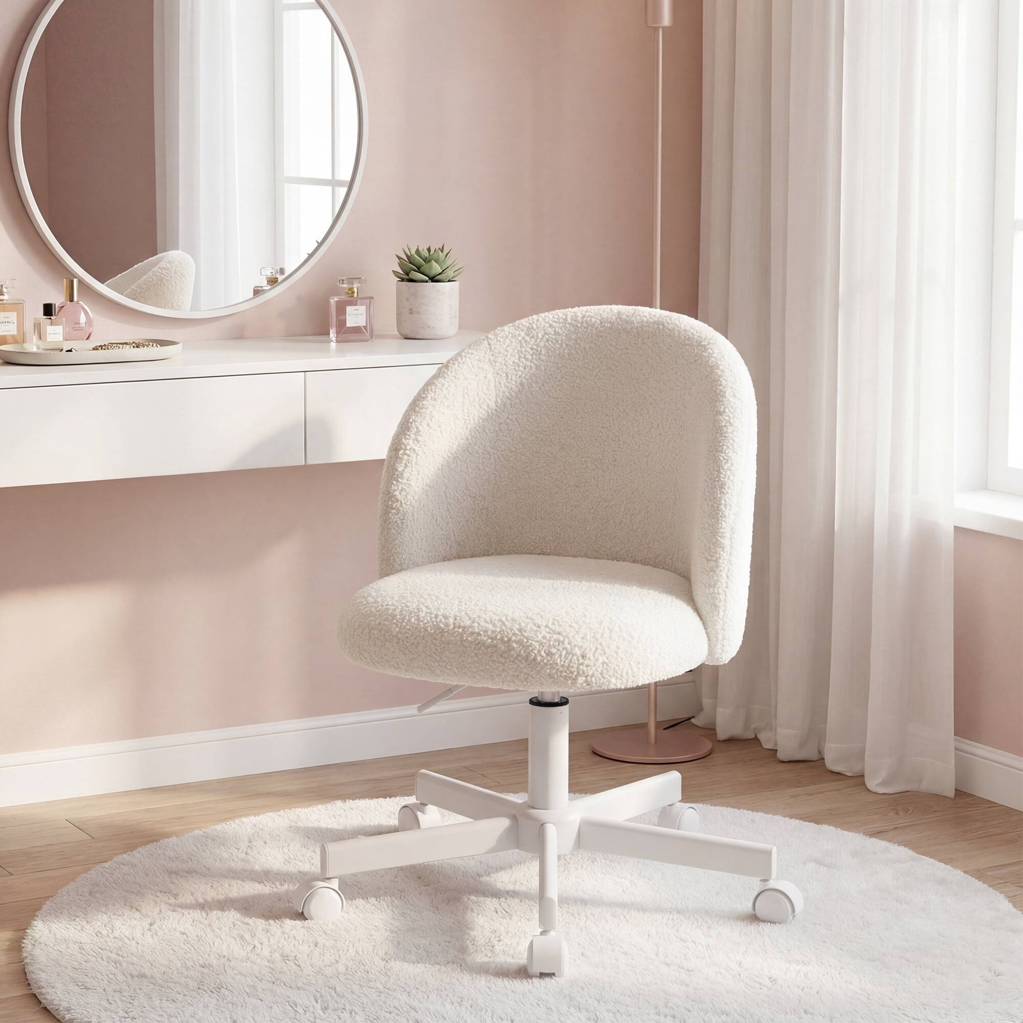 Left. Neo Chair - Office Vanity Chair with Wheels Comfy Desk Chair for Girls Cute Computer Small Armless Adjustable Height Swivel - White.