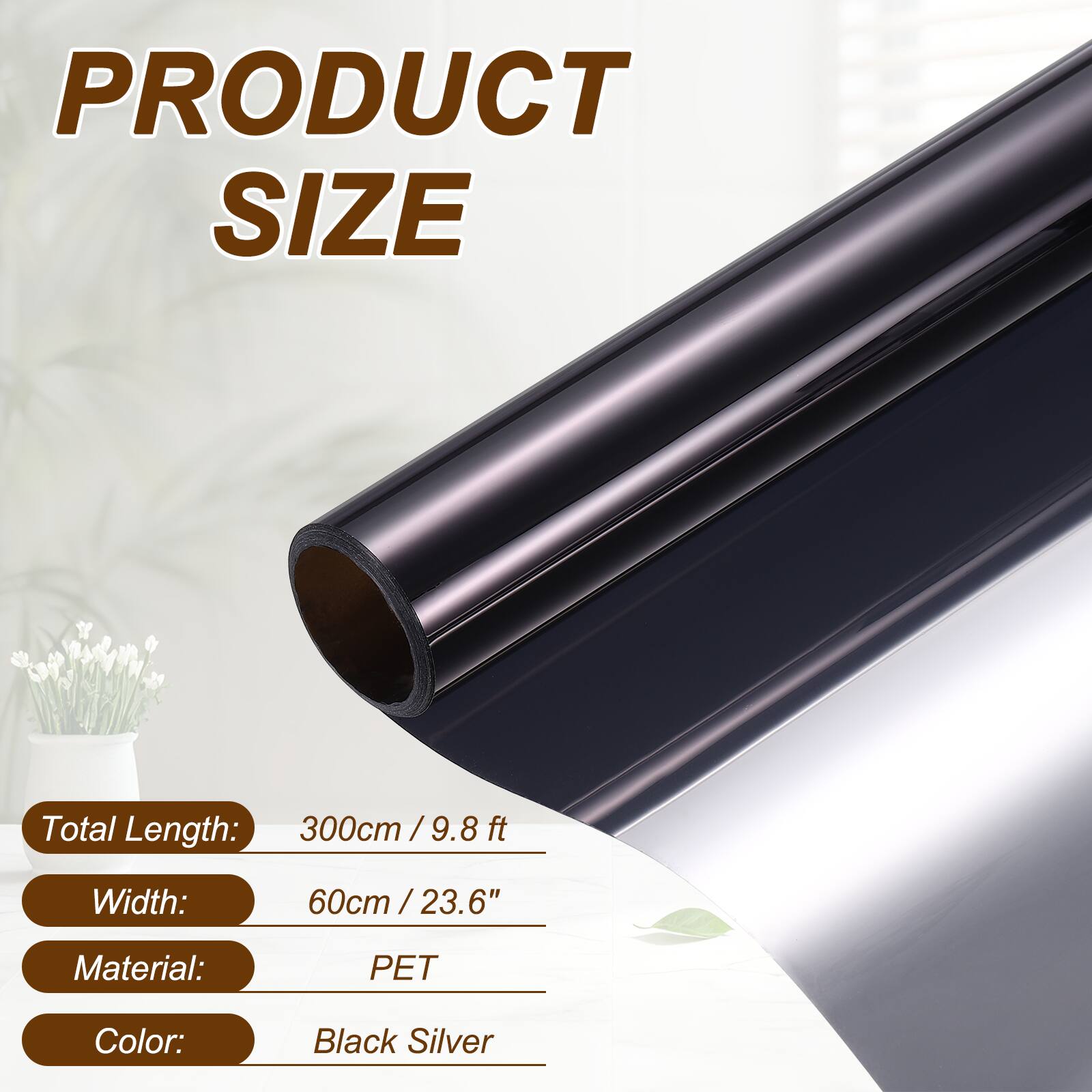 PRODUCT SIZE

Total Length: 300cm / 9.8 ft  
Width: 60cm / 23.6"  
Material: PET  
Color: Black Silver