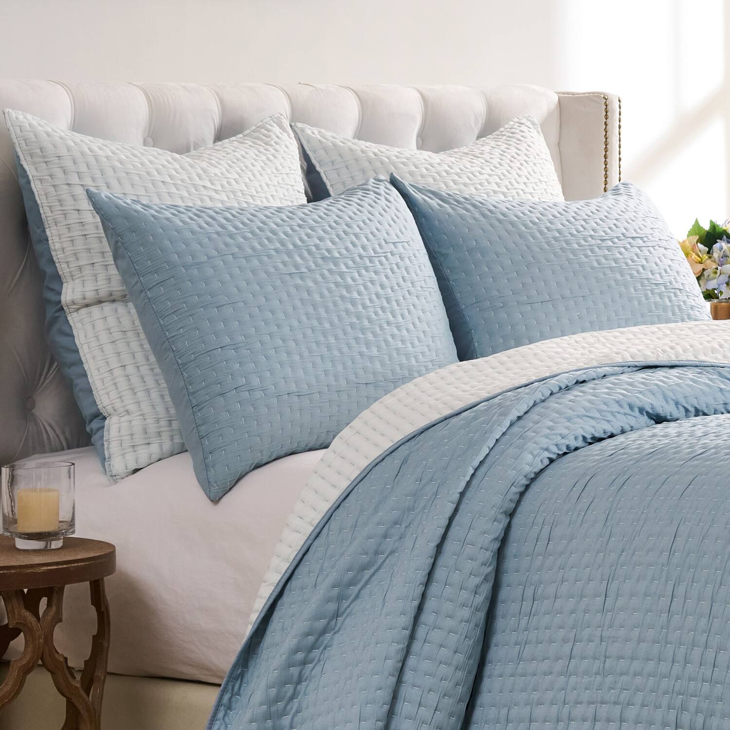 Angle. Greenland Home Fashions - Greenland Home Fashions Homestead 100% Woven Polyester Jacquard Hand Quilted King Sham Sky Blue - Sky Blue.