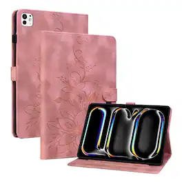 Dteck - Foilo Case for Apple iPad Pro (M5) 11" 2025 & (M4) 2024,Embossed Pattern PU Leather Flip Card Holder Kickstand Cover - Pink