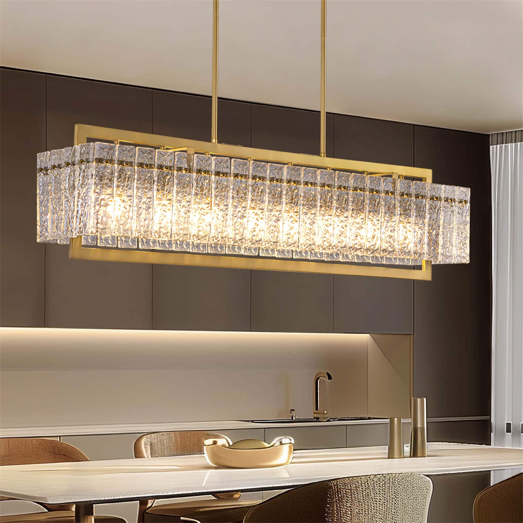 Siljoy - 49.2-In 8-Light Square Linear Chandelier, Adjustable Cable Iron Pendant Light for Kitchen Island Dining Foyer - Brass price history on PriceWatchPro