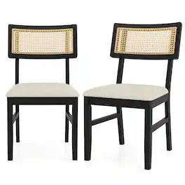 Costway - Rattan Dining Chairs Set of 2 with Padded Seat, Rubber Wood Legs & Curved Backrest - Black