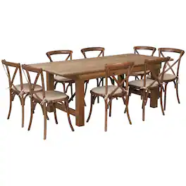 Flash Furniture - HERCULES Series 7' x 40'' Antique Rustic Folding Farm Table Set with 8 Cross Back Chairs and Cushions - Brown