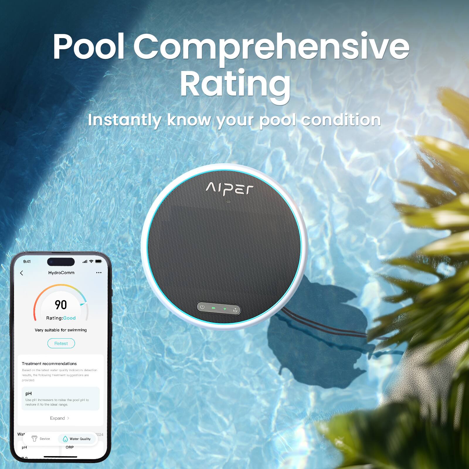 Pool Comprehensive Rating  
Instantly know your pool condition  

Rating: 90  
Good  
Very suitable for swimming  

Treatment recommendations:  
- pH: Use pH increasers to raise the pool pH to restore it to the ideal range.  

Water Quality: 0.02 mg/L  

Device:  
- pH  
- ORP
