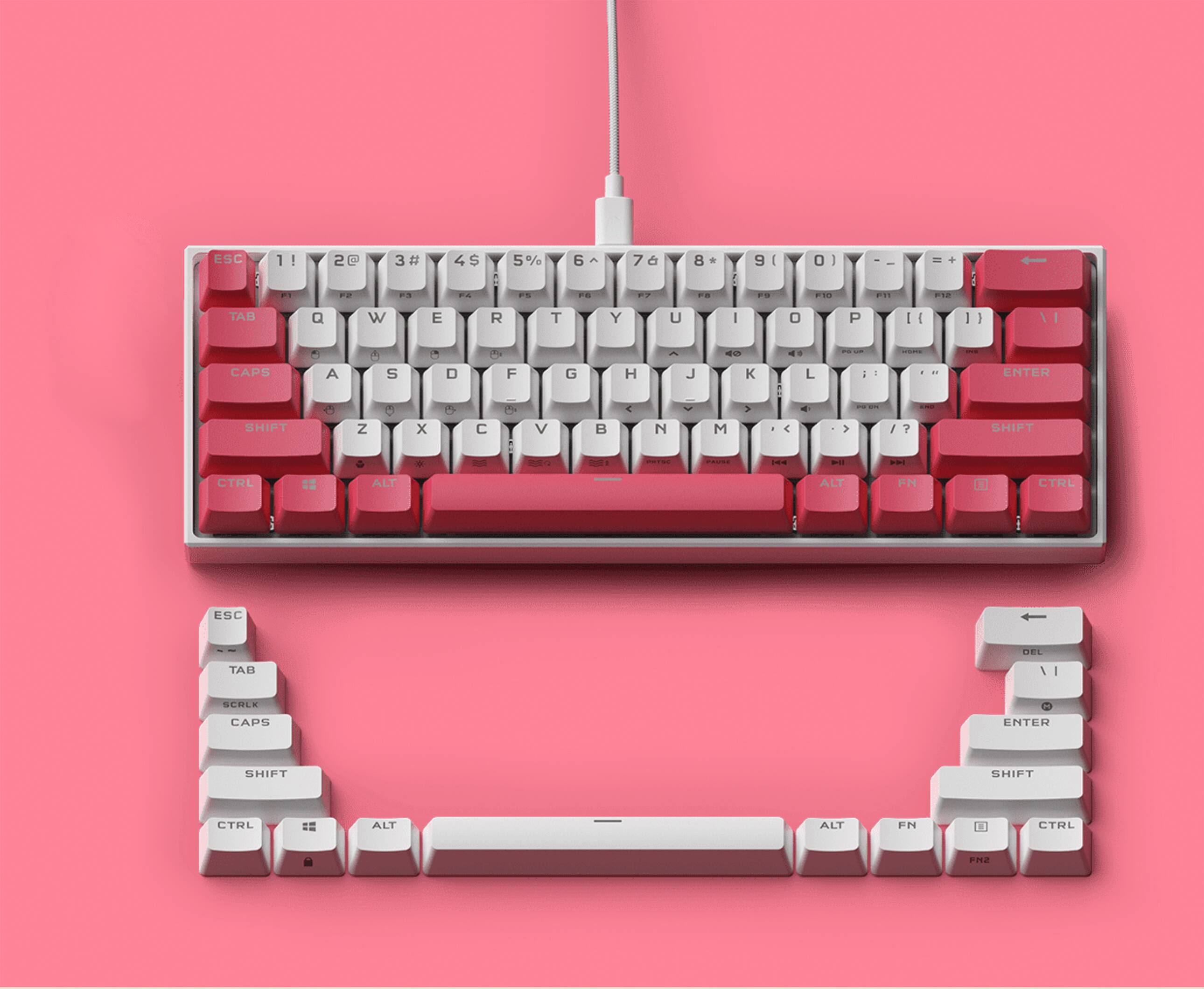 Left. CORSAIR - K65 RGB Mini Wired 60% Mechanical Cherry MX SPEED Linear Switch Gaming Keyboard with PBT Double-Shot Keycaps - Flavor Rush Bubblegum Pop.