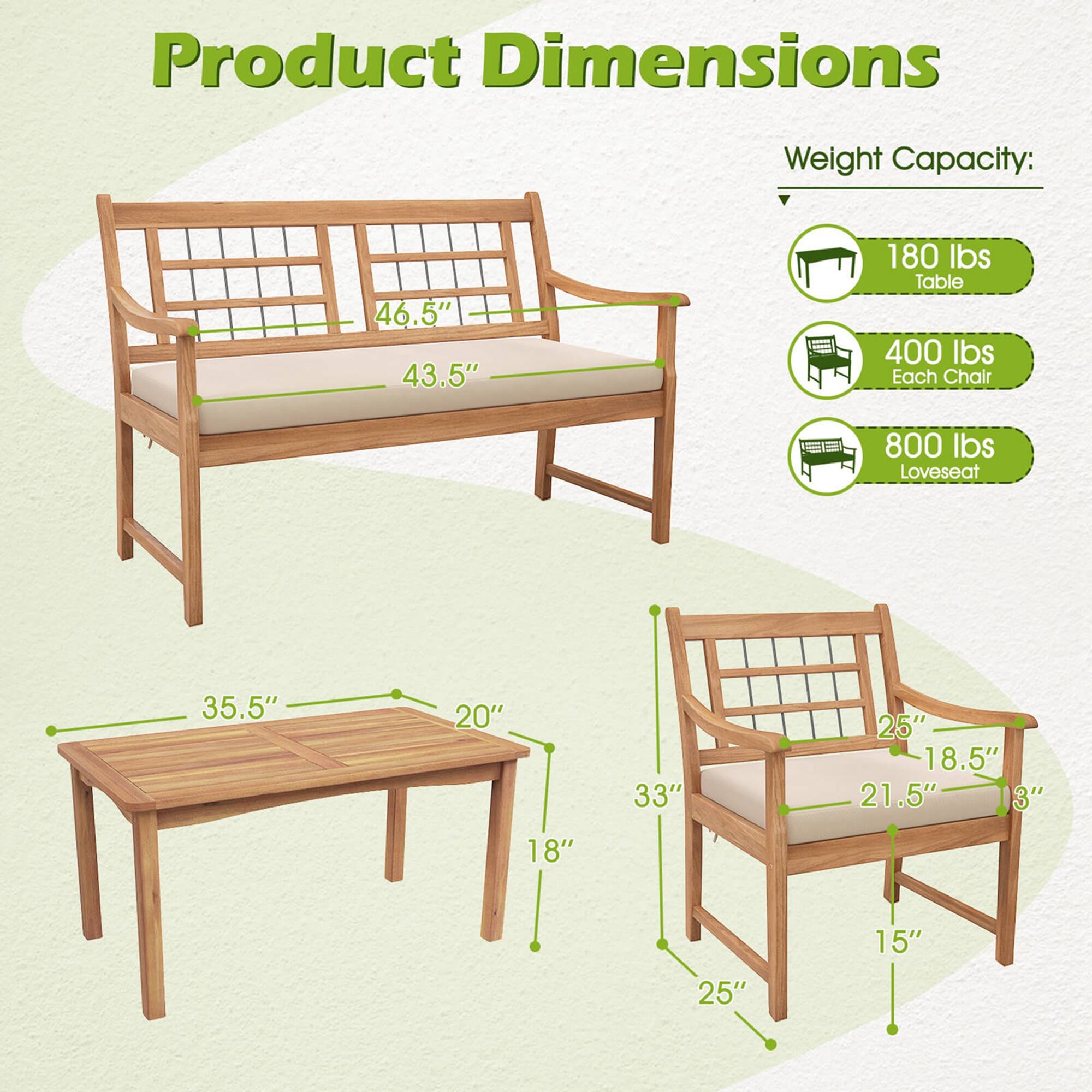 Product Dimensions:
- Weight Capacity: 180 lbs
- Table: 400 lbs
- Each Chair: 800 lbs
- Loveseat: 35.5" x 20" x 33" x 25"
- 18.5" x 21.5" x 13" x 18"
- 25" x 15"