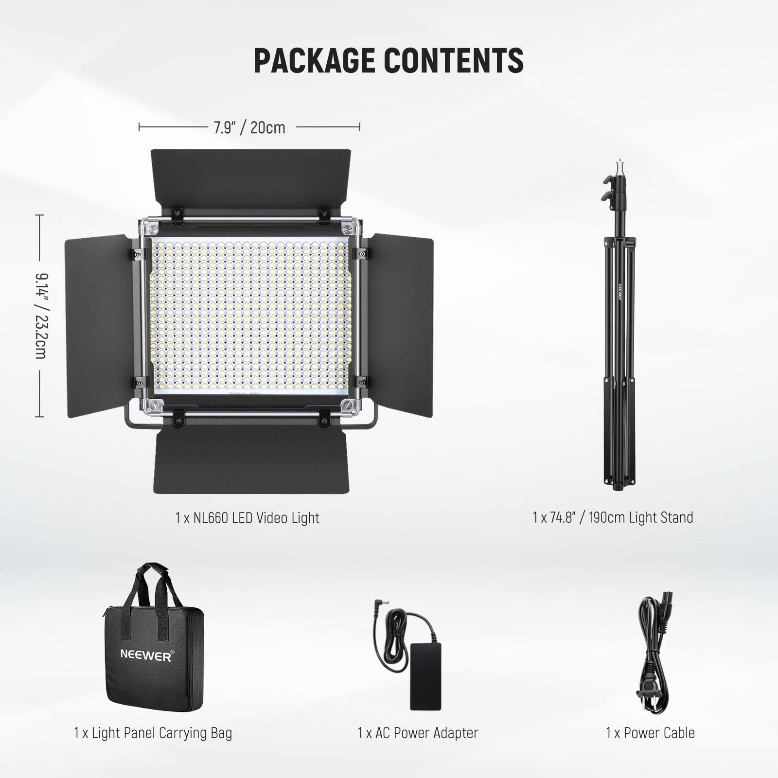 PACKAGE CONTENTS

- 1 X NL660 LED Video Light
- 1 X 74.8" / 190cm Light Stand
- 1 X Light Panel Carrying Bag
- 1 X AC Power Adapter
- 1 X Power Cable