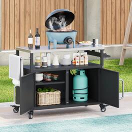 PexFix - 54.5" Outdoor Kitchen Island with Stainless Top, Storage Cabinet & Spice Rack, Metal BBQ Grill Cart with Wheel for Patio - Black