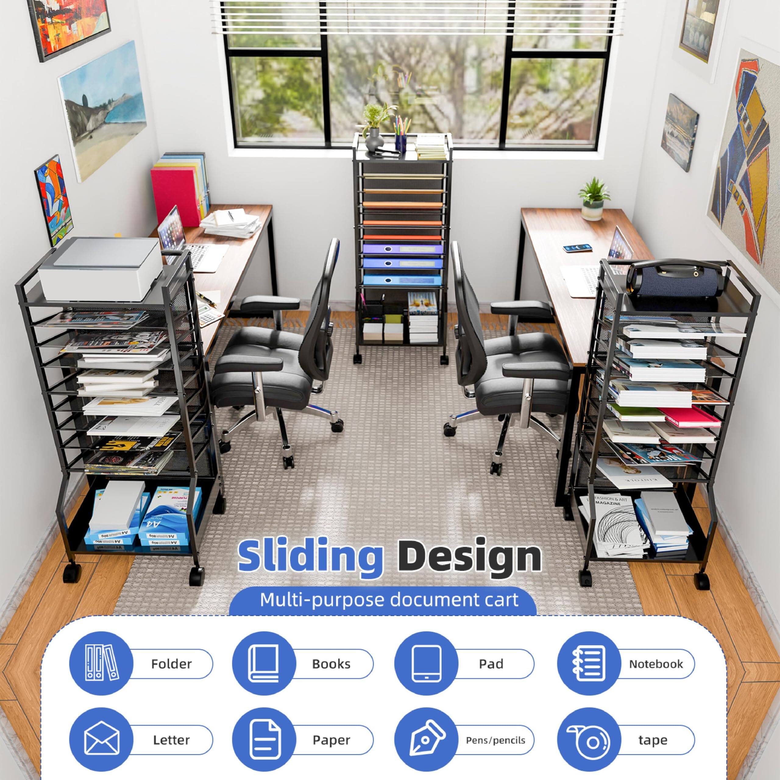 Sliding Design  
Multi-purpose document cart  

- Folder  
- Books  
- Pad  
- Notebook  
- Letter  
- Paper  
- Pens/pencils  
- Tape