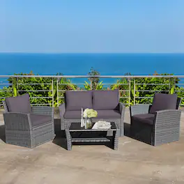 Costway - 4PCS Patio Rattan Furniture Set Sofa Table W/Storage Shelf Cushion - Gray