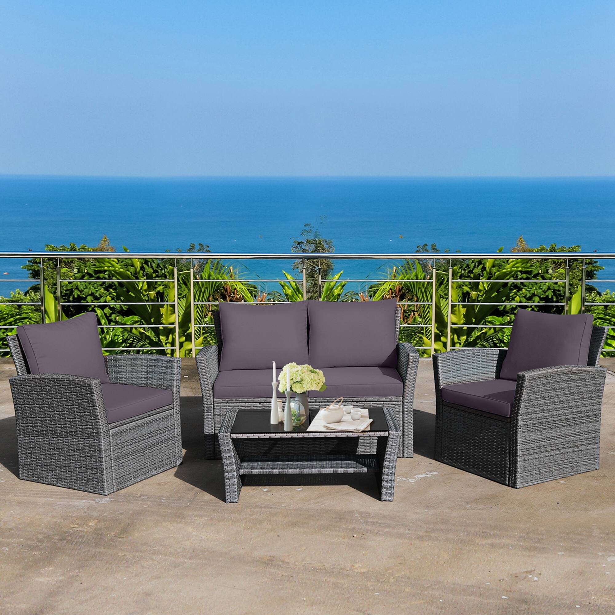 Alt View 1. Costway - Costway 4PCS Patio Rattan Furniture Set Sofa Table W/Storage Shelf Cushion - Gray.