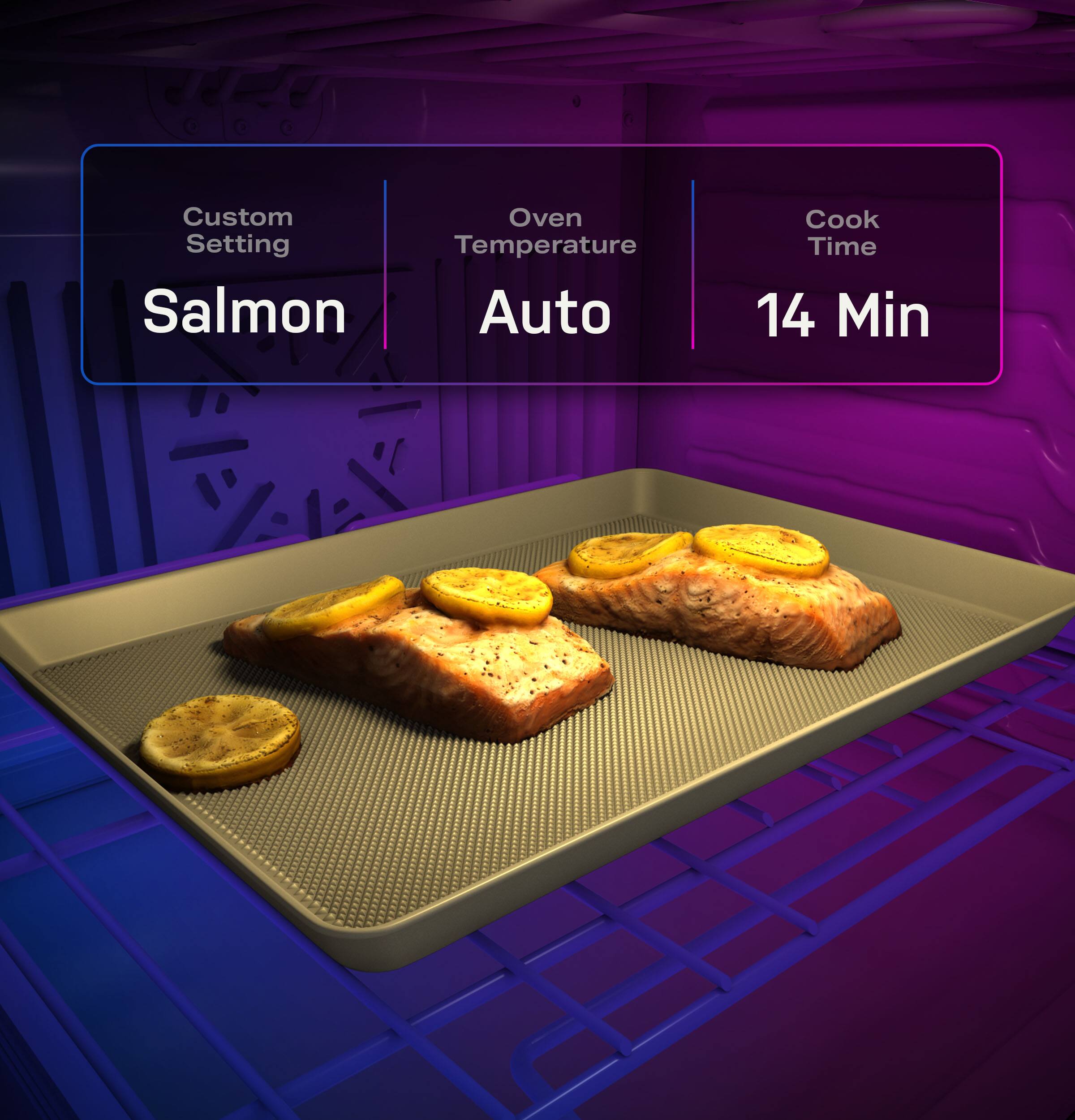 Custom Oven Setting Temperature Salmon Auto  
Cook Time 14 Min