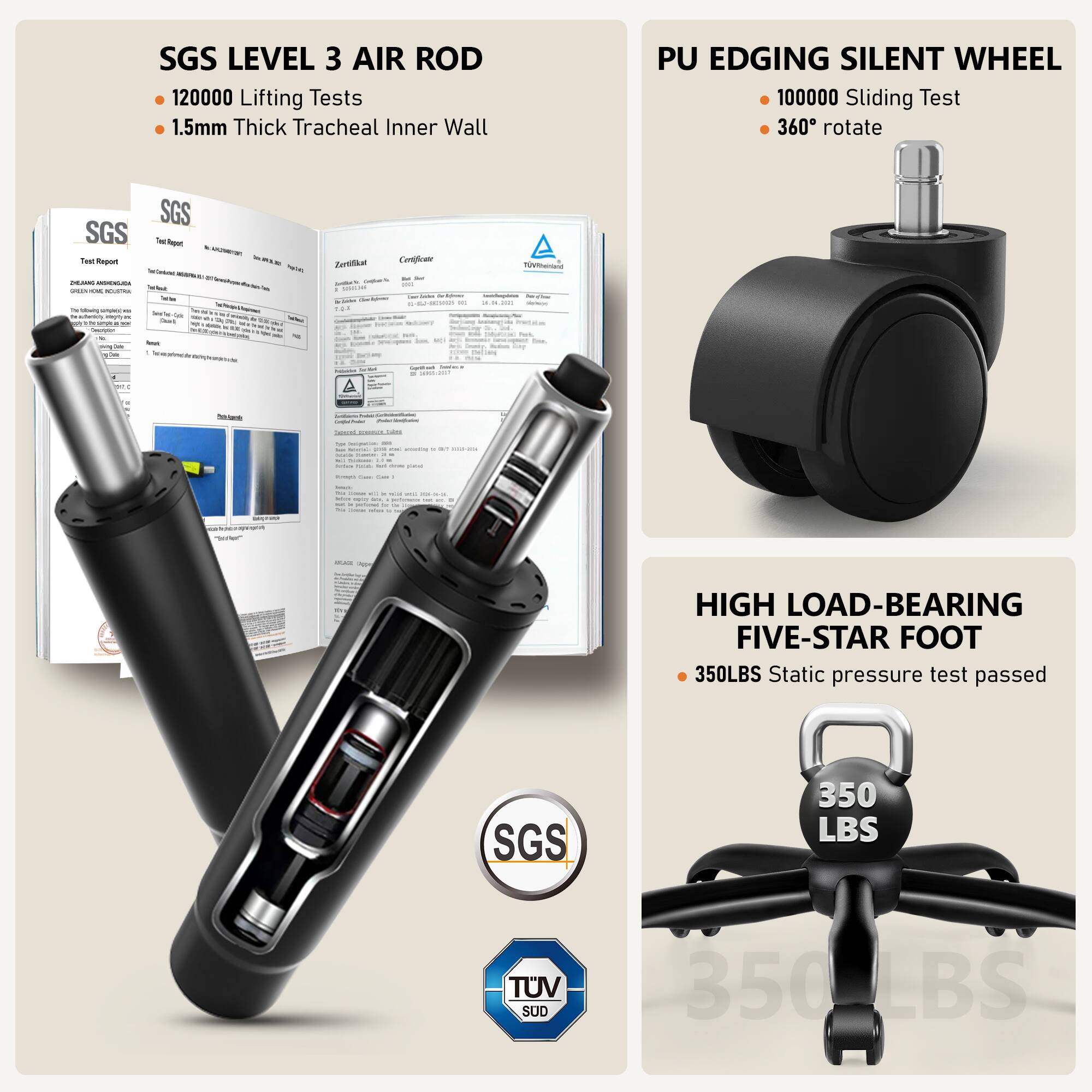 SGS LEVEL 3 AIR ROD  
- 120000 Lifting Tests  
- 1.5mm Thick Tracheal Inner Wall  

PU EDGING SILENT WHEEL  
- 100000 Sliding Test  
- 360° rotate  

HIGH LOAD-BEARING FIVE-STAR FOOT  
- 350LBS Static pressure test passed  

SGS  
TUV SUD