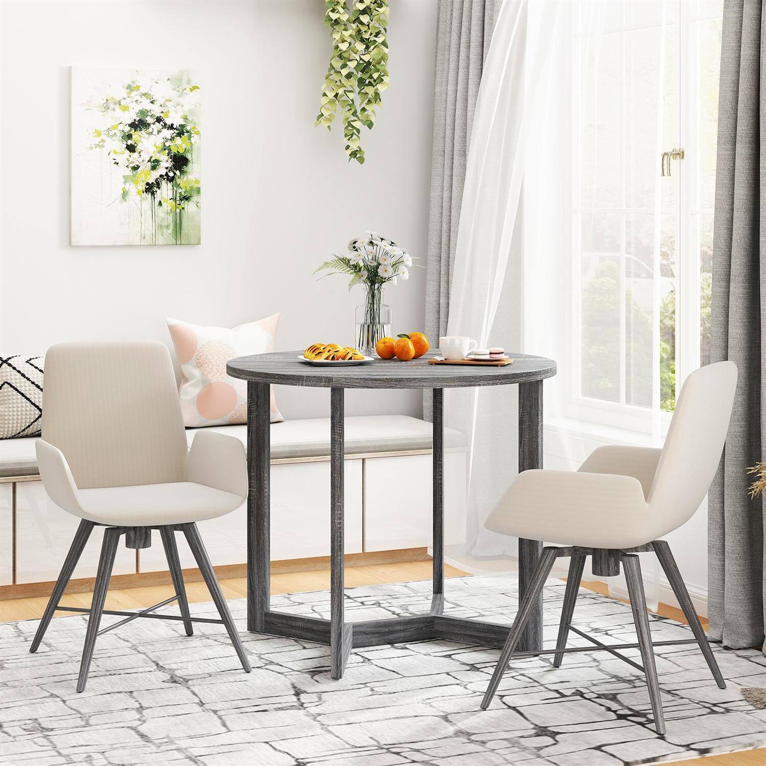 Alt View 3. Pefilos - 36" Round Dining Table,Wing-Shaped Pedestal Base,Rubber Wood Legs,Non-Slip Pads,Black - Black.