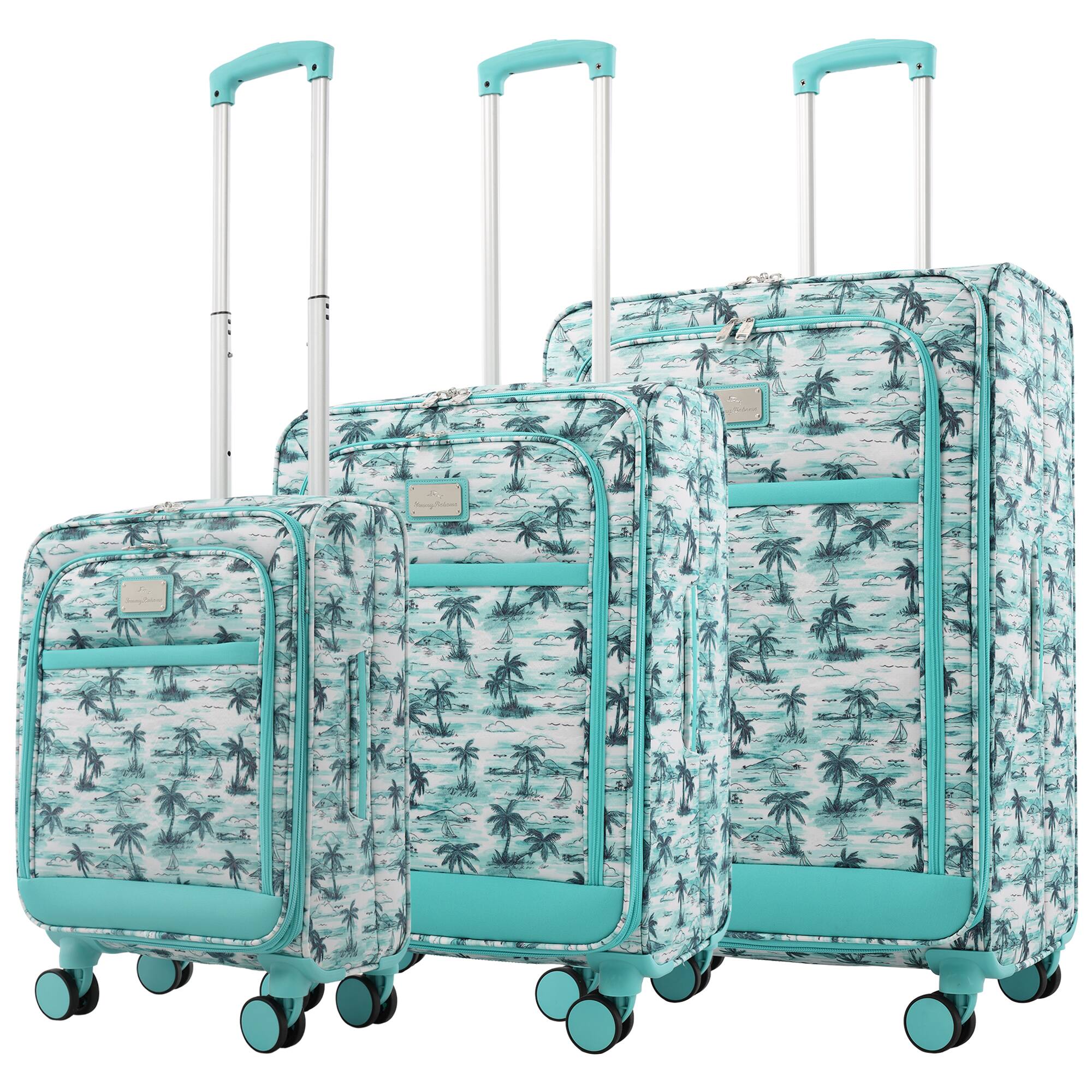 Angle. Tommy Bahama - Palm Print 3-Piece Expandable Softside Spinner Luggage Set - Aqua.