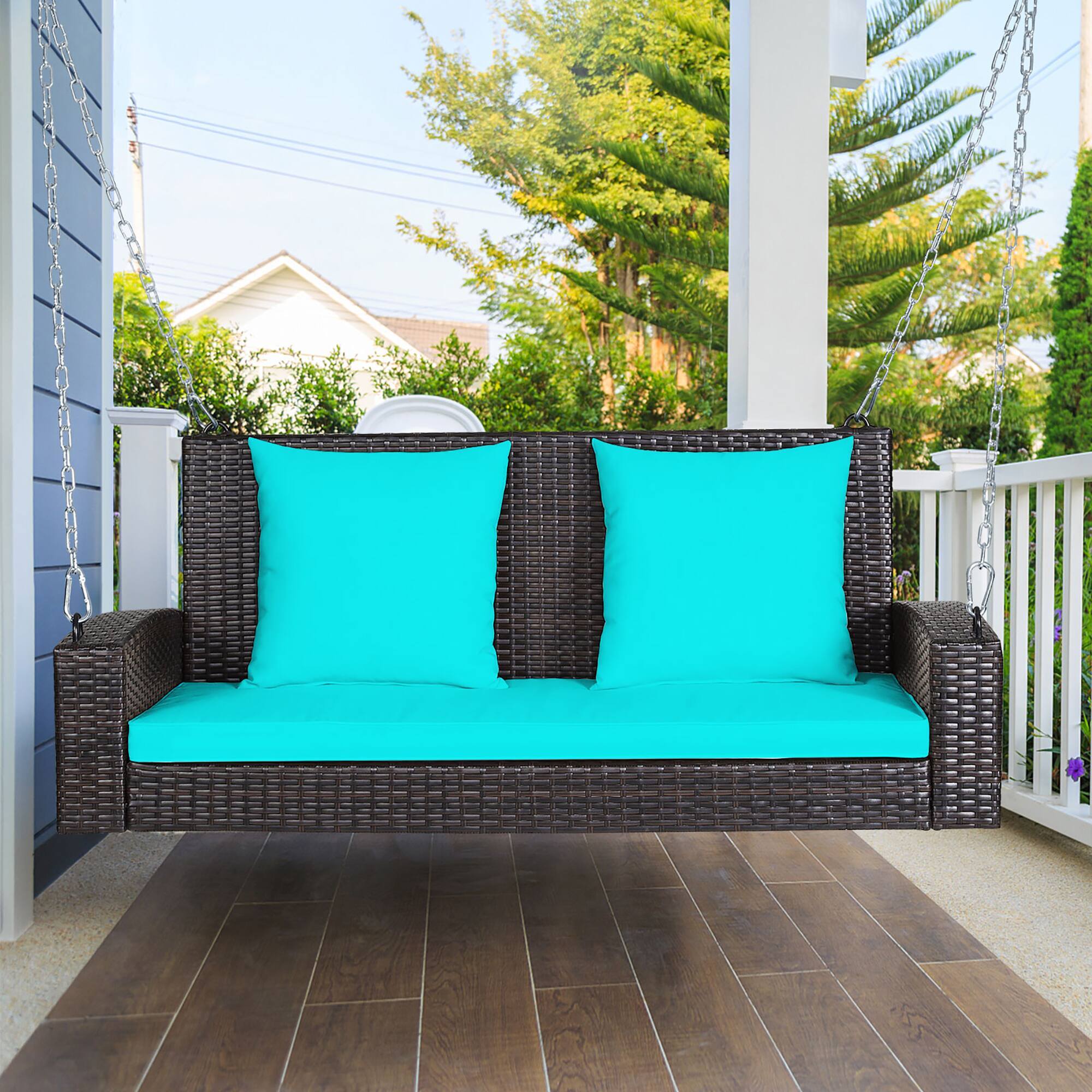 Alt View 1. Costway - Costway 2-Person Patio Rattan Hanging Porch Swing Bench Chair Cushion - Turquoise.