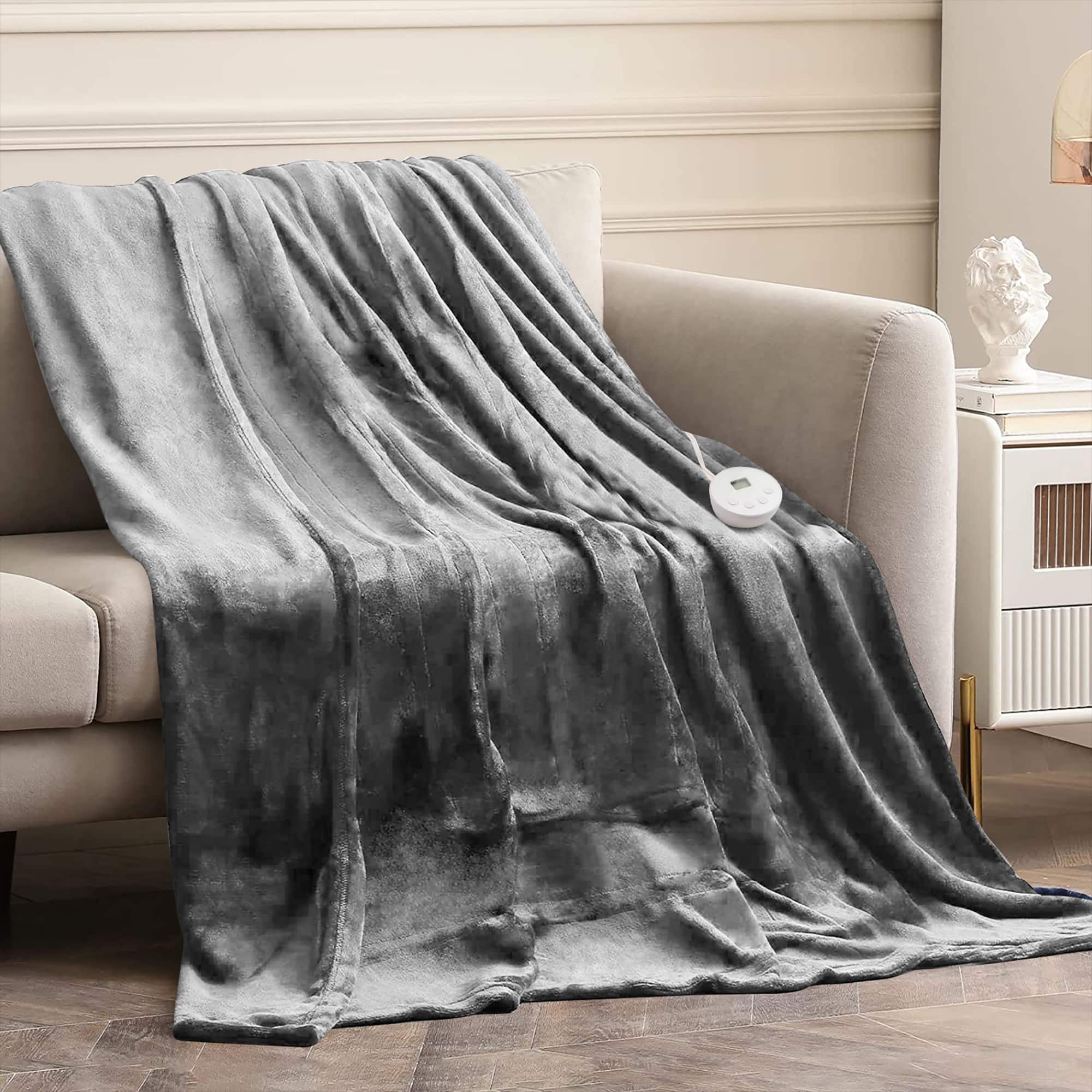 Front. Costway - 84'' x 90'' Flannel Heated Blanket Throw with Dual Controllers - Grey.