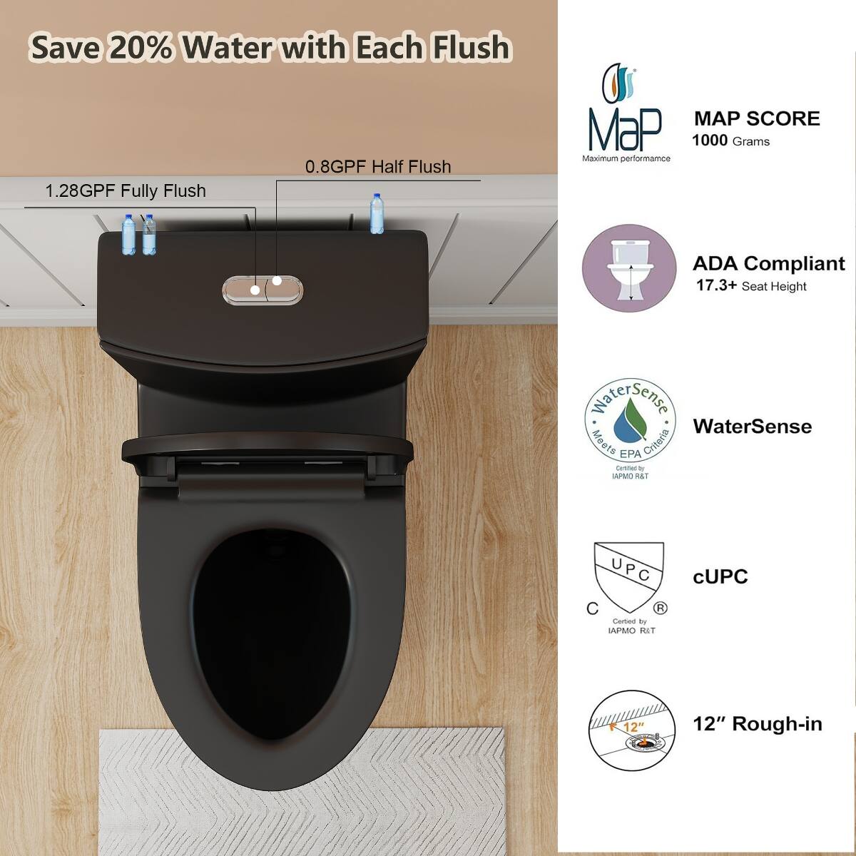 Save 20% Water with Each Flush

1.28GPF Fully Flush
0.8GPF Half Flush

MAP SCORE
MaP 1000 Grams Maximum performance

ADA Compliant
17.3+ Seat Height

WaterSense
Meets EPA Criteria
Certified by IAPMO R&T

cUPC
Certified by IAPMO R&T

12" Rough-in