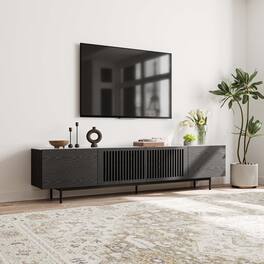 POVISON - 94" Mid-Century Modern TV Stand with Sintered Stone, Veneer Wood with Slatted Cabinet, Tall-Cast Metal Legs - Black