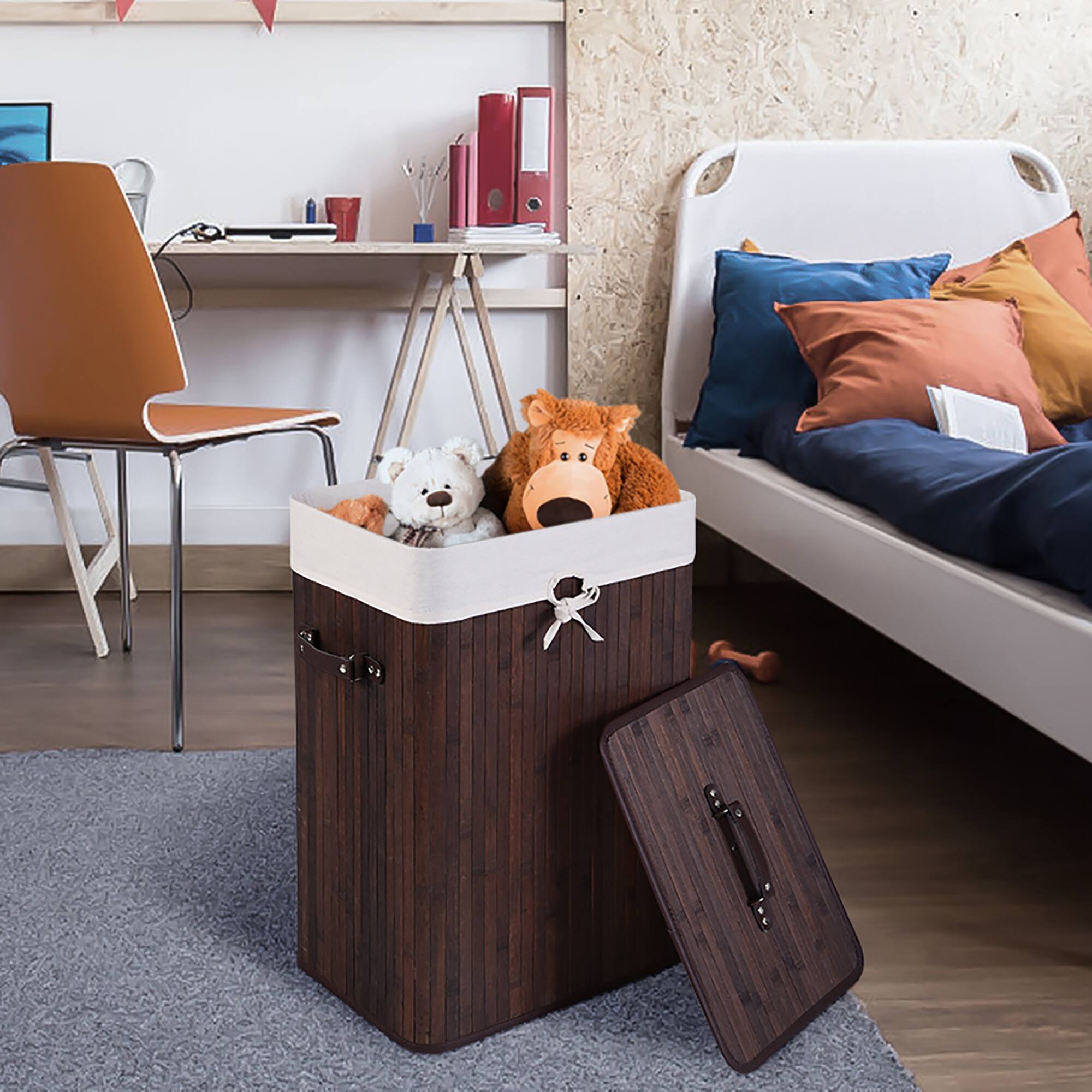 Alt View 14. Costway - Rectangle Bamboo Hamper Laundry Basket Washing Cloth Bin Lid Brown - Deep Brown/White.