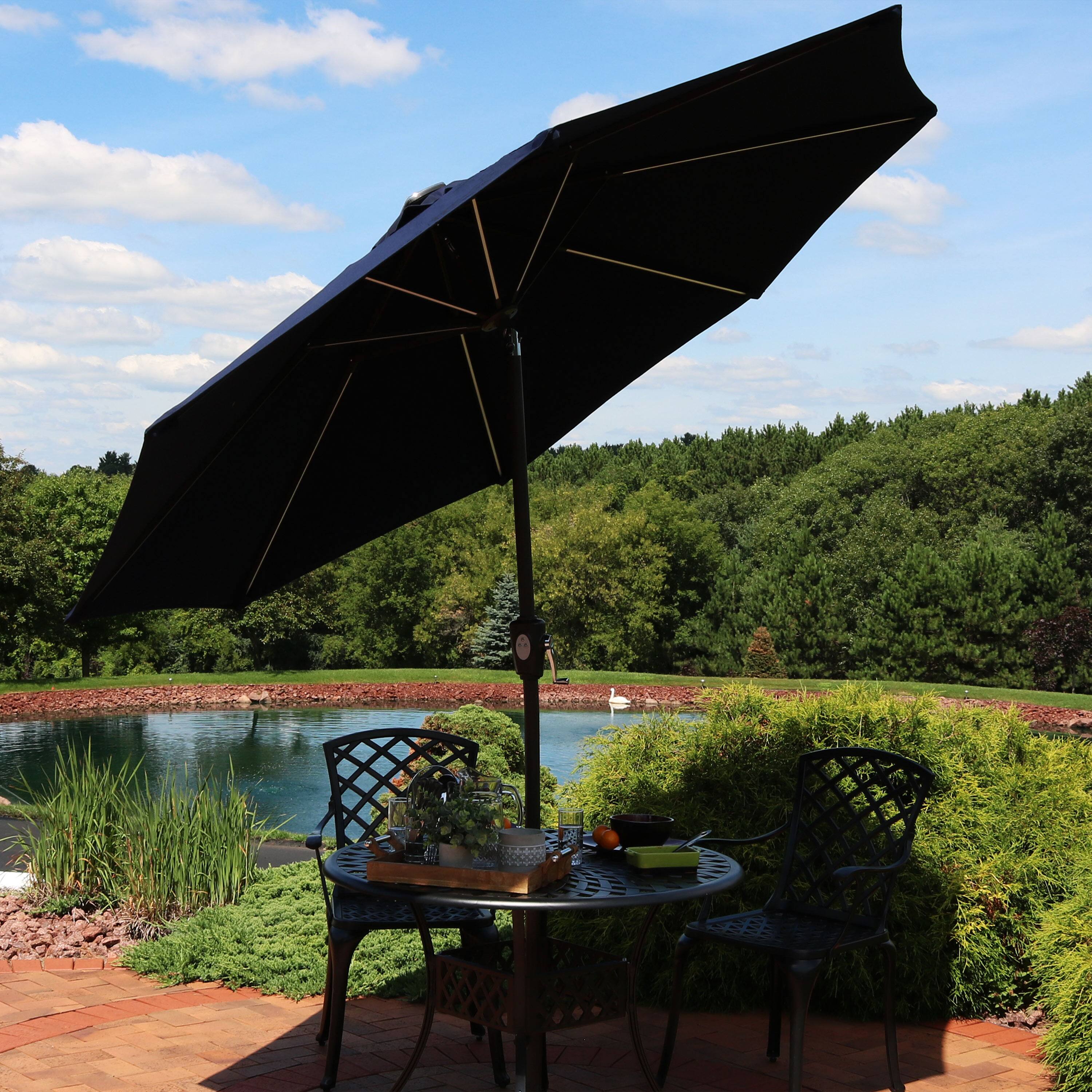 Alt View 4. Sunnydaze - 9 ft Solar Sunbrella Patio Umbrella with Tilt - Navy Blue.