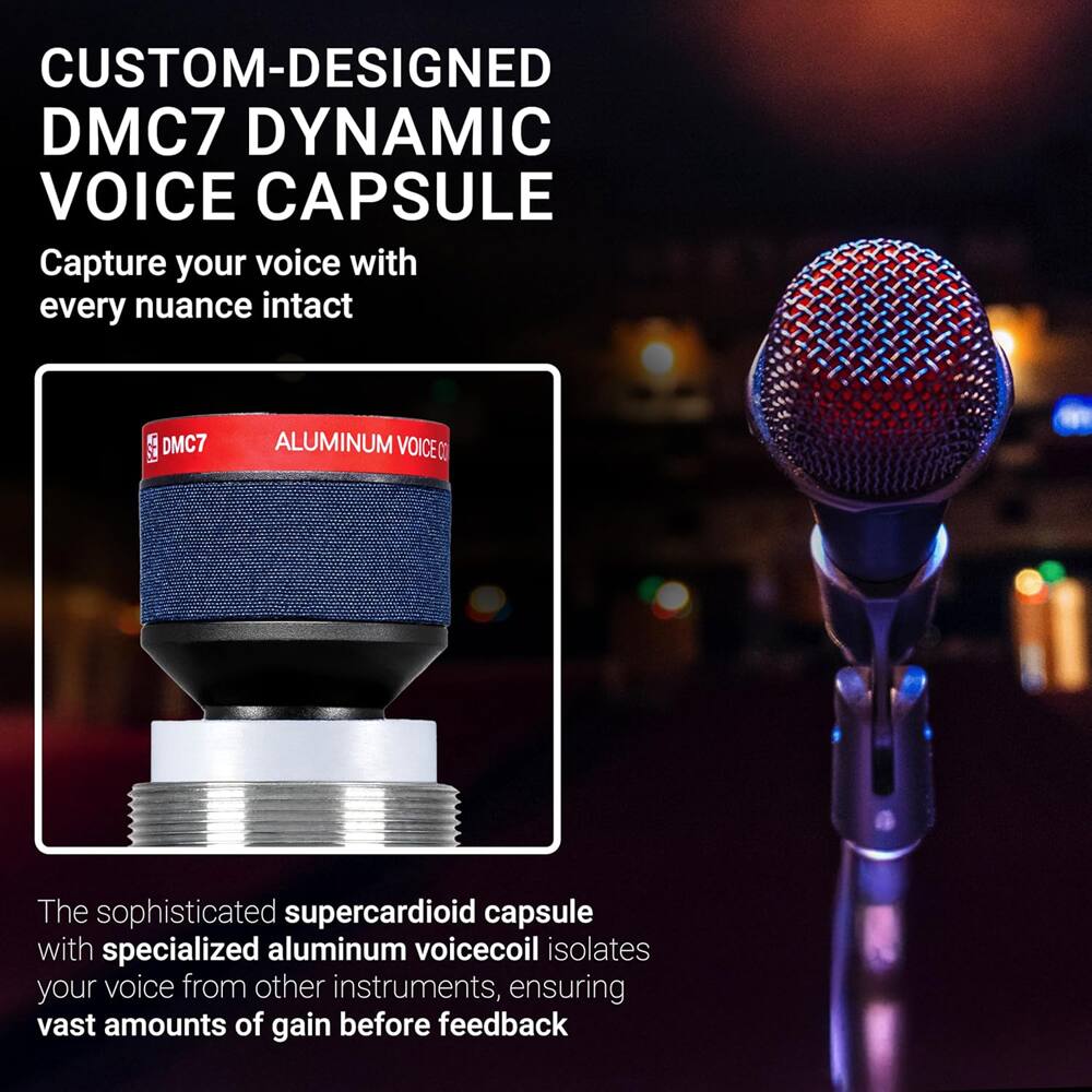 CUSTOM-DESIGNED DMC7 DYNAMIC VOICE CAPSULE  
Capture your voice with every nuance intact  

The sophisticated supercardioid capsule with specialized aluminum voicecoil isolates your voice from other instruments, ensuring vast amounts of gain before feedback
