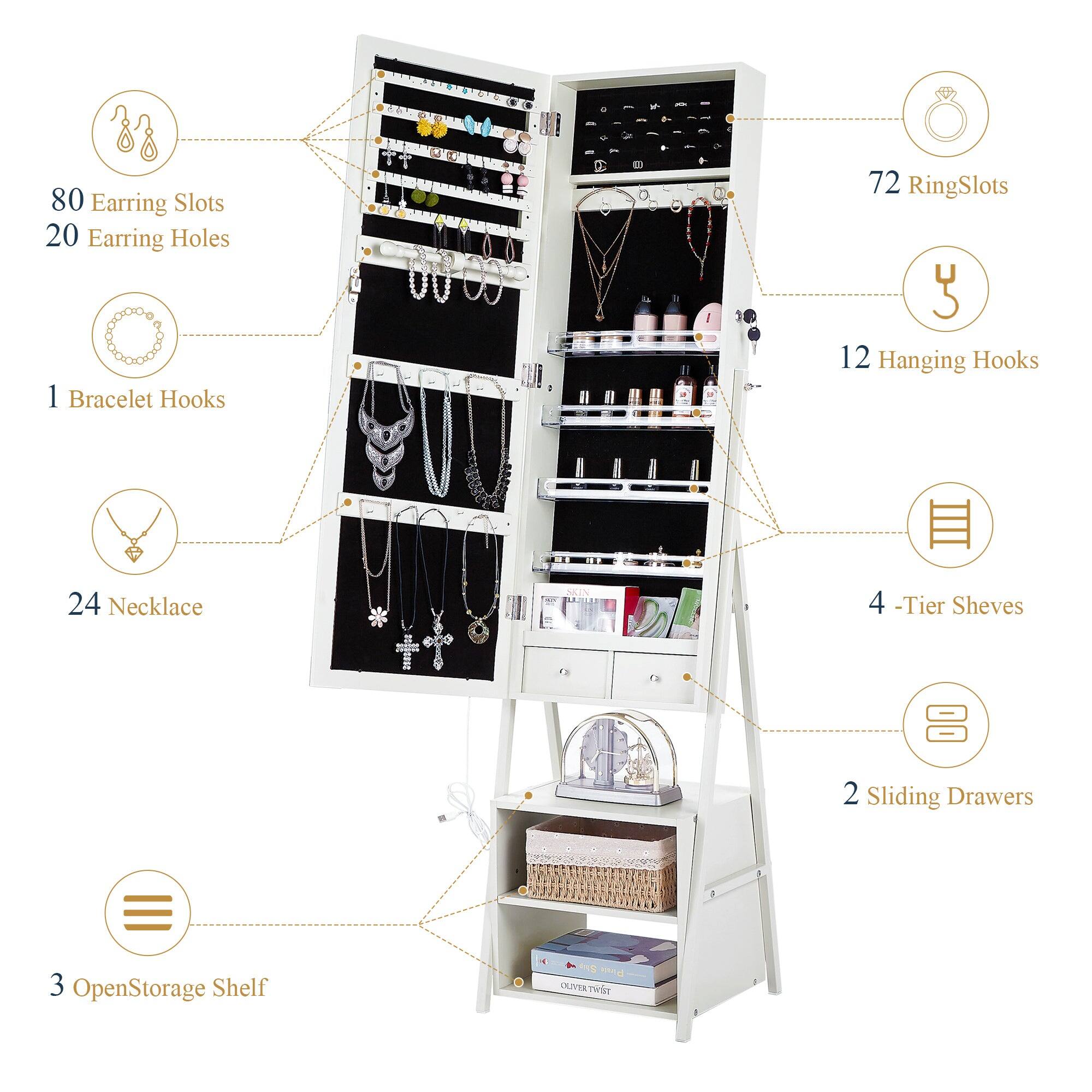 80 Earring Slots  
20 Earring Holes  
1 Bracelet Hooks  
72 Ring Slots  
12 Hanging Hooks  
24 Necklace  
4-Tier Shelves  
2 Sliding Drawers  
3 Open Storage Shelf