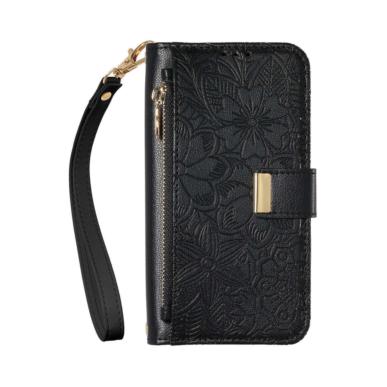 Alt View 6. Dteck - Floral Embossed Leather Zipper Cash Slot Wallet Case for Apple iPhone 17 with Detachable Strap - Black.