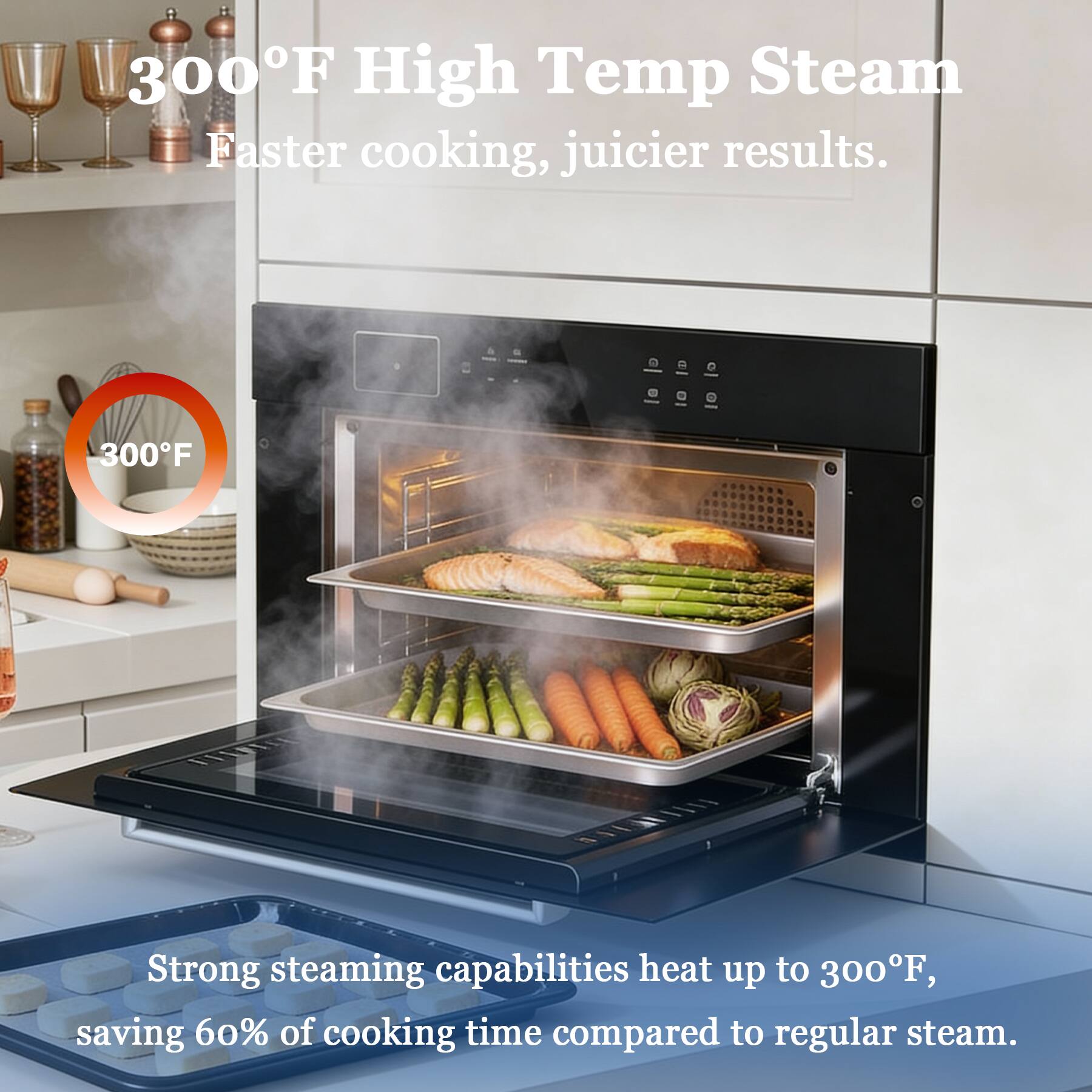 300°F High Temp Steam  
Faster cooking, juicier results.  

300°F  
Strong steaming capabilities heat up to 300°F, saving 60% of cooking time compared to regular steam.